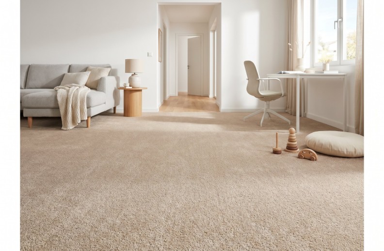 Интерьер комнаты с уложенным ковролином от стены до стены и мягкой мебелью.