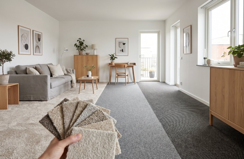 Женщина выбирает образцы ковролина разных оттенков на полу в комнате