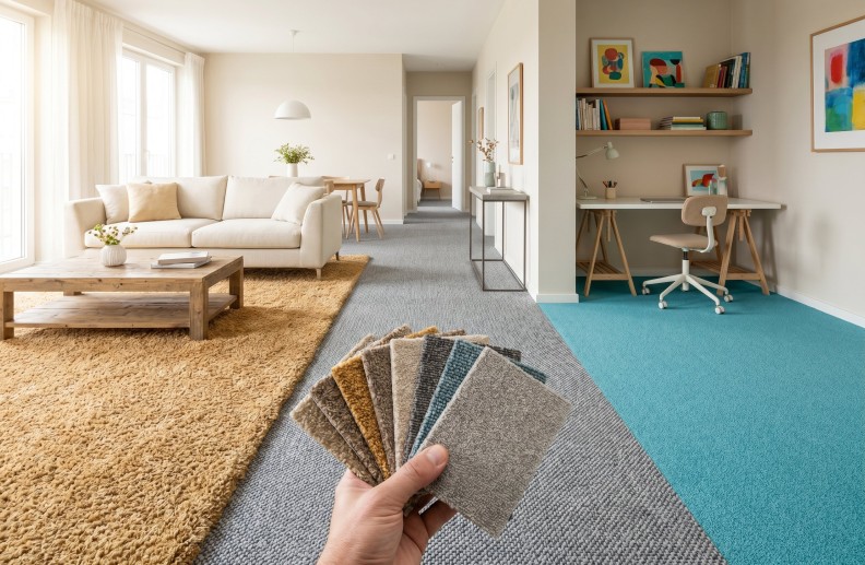 Крупный план разных образцов ковролина с разной высотой и типом ворса на полу