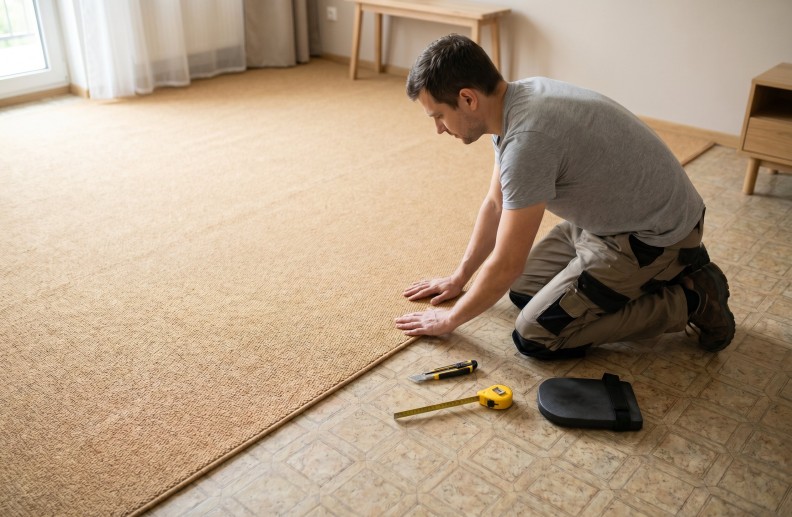 Мастер раскраивает и укладывает ковролин поверх старого линолеума в комнате