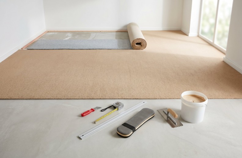 Мастер раскатывает рулон ковролина по подготовленному полу в комнате