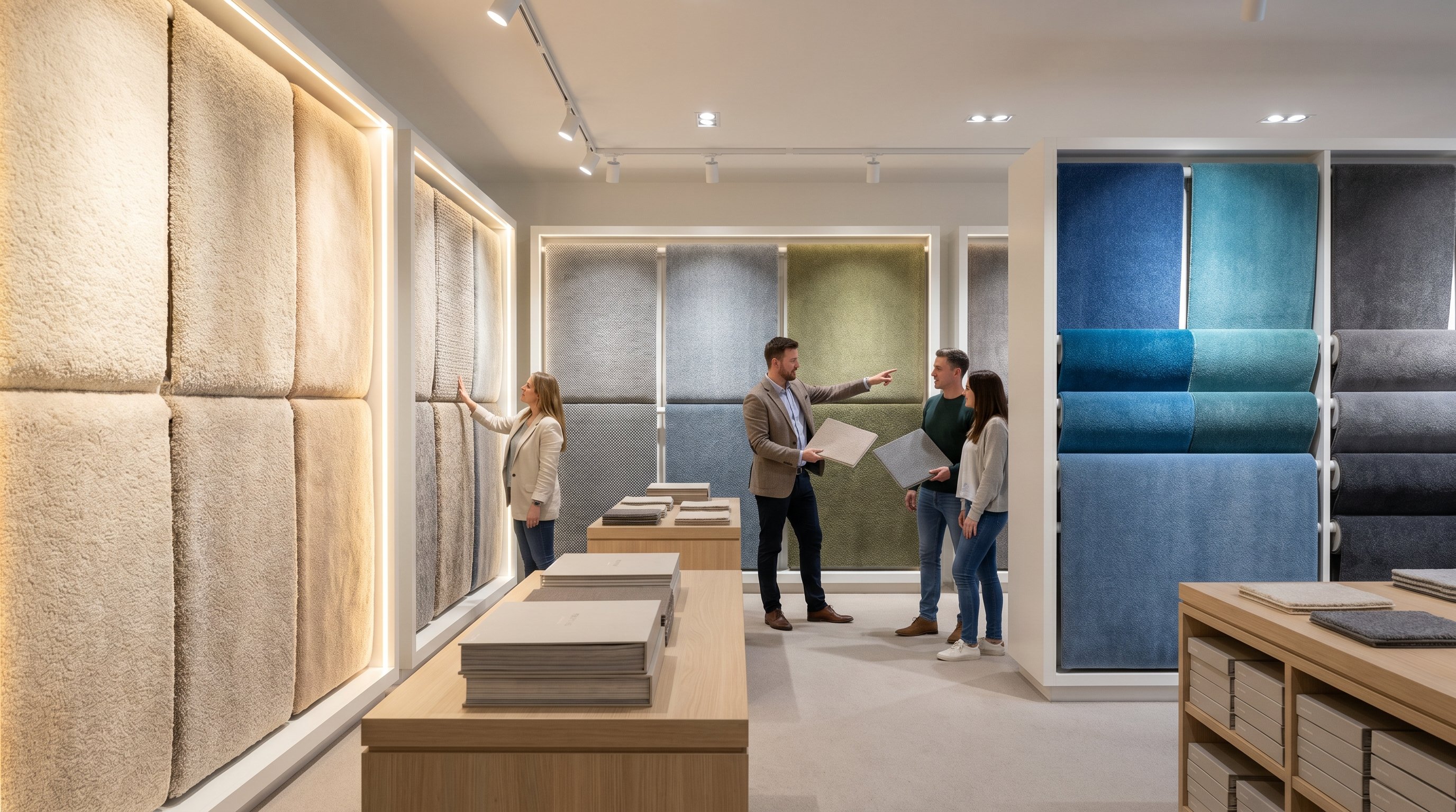 Интерьер магазина напольных покрытий, разделённый на несколько четко читаемых зон: слева на стенде крупными вертикальными полотнами показан мягкий плотный шерстяной ковролин