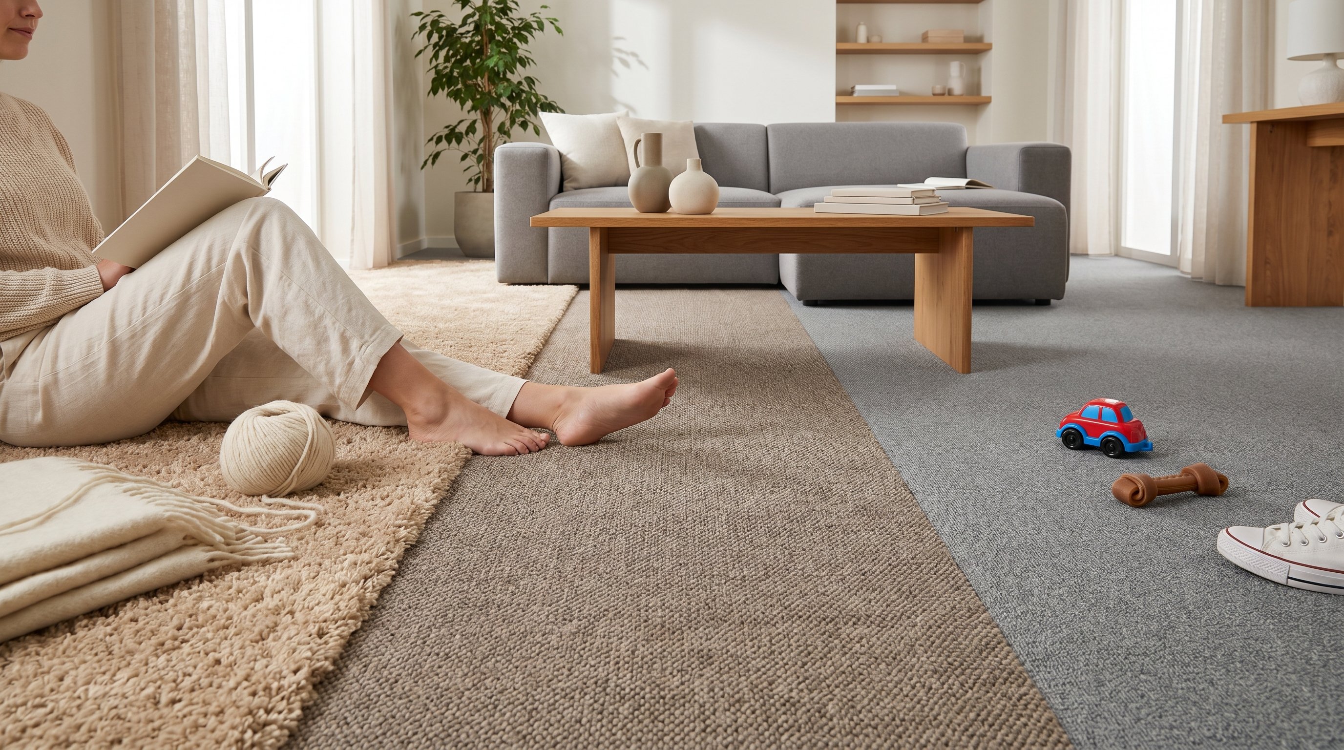 Горизонтальная сравнительная схема, разделённая на три симметричные колонки с простыми иконками ворса и пола: «шерсть», «смесь», «синтетика». Под основной строкой — вторая