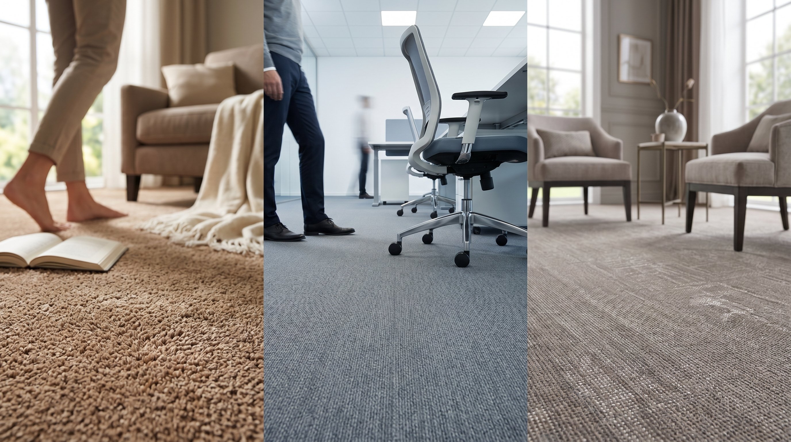 Интерьер, разделенный на три условные зоны одним общим куском пола: в первой зоне крупным планом мягкий тафтинговый ковролин в гостиной — на нем босые ноги, лежит книга и плед; во