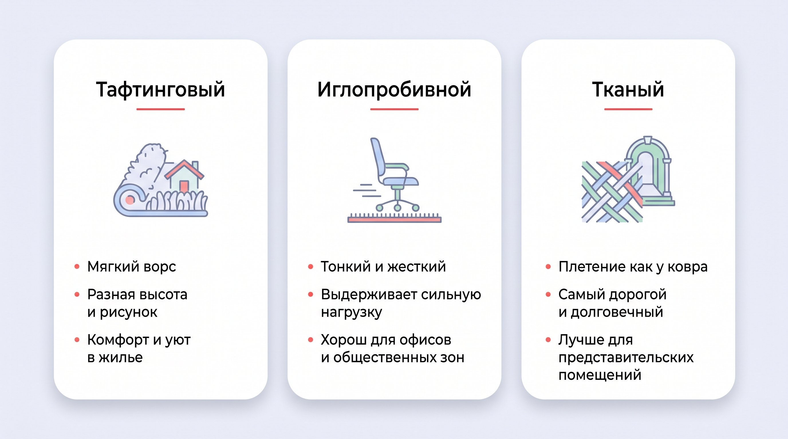 Горизонтальная сравнительная схема из трех колонок с минималистичными пиктограммами: слева тафтинговый ковролин с иконкой мягкого ворса и домика, по центру иглопробивной с иконкой