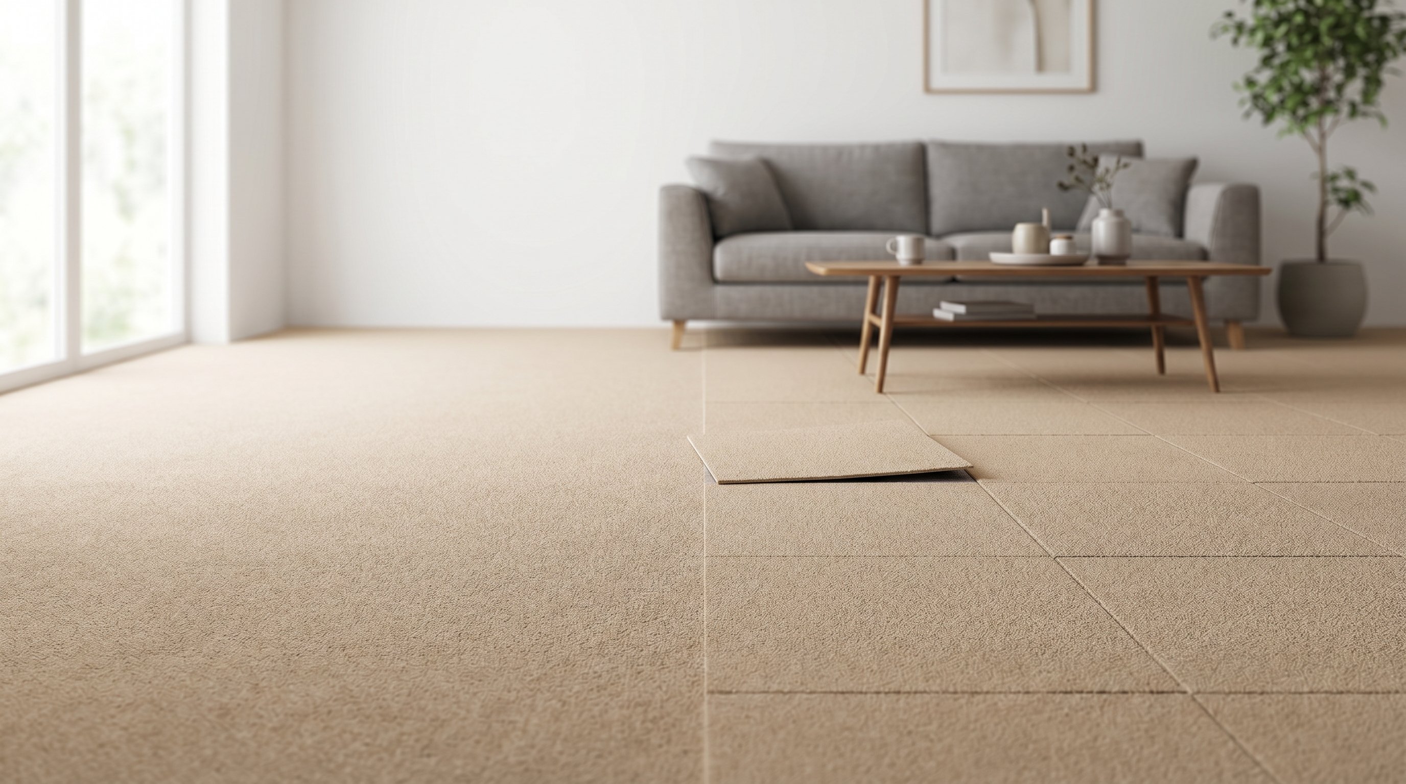 Интерьер комнаты, разделённый визуально на две половины: слева — пол покрыт цельным рулонным ковролином спокойного нейтрального цвета, поверхность выглядит непрерывной, без