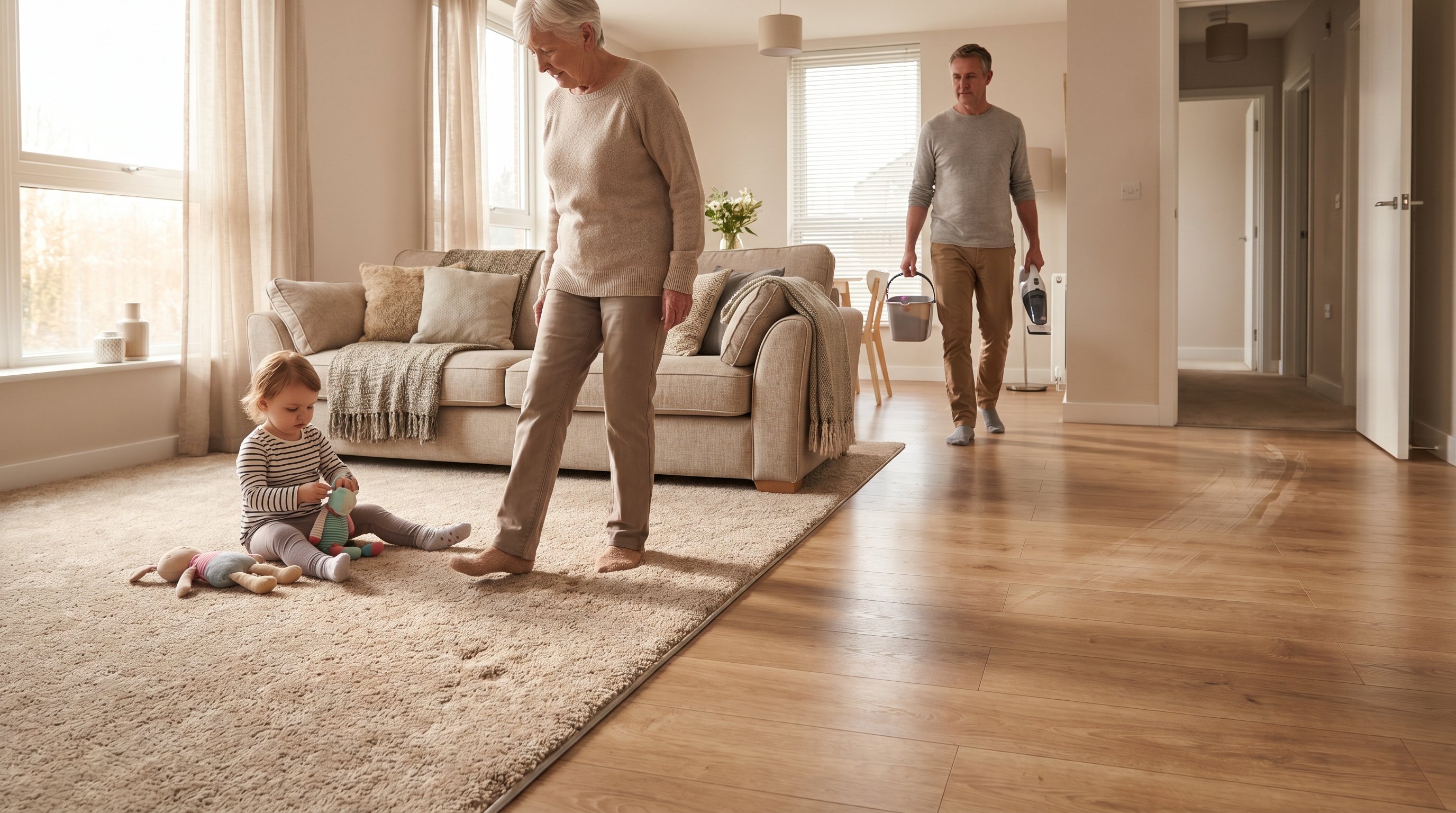 Интерьер обычной квартиры: слева зона с ковролином, справа — с твердым полом (ламинат). На стороне с ковролином ребенок играет на полу рядом с пожилым человеком, который уверенно