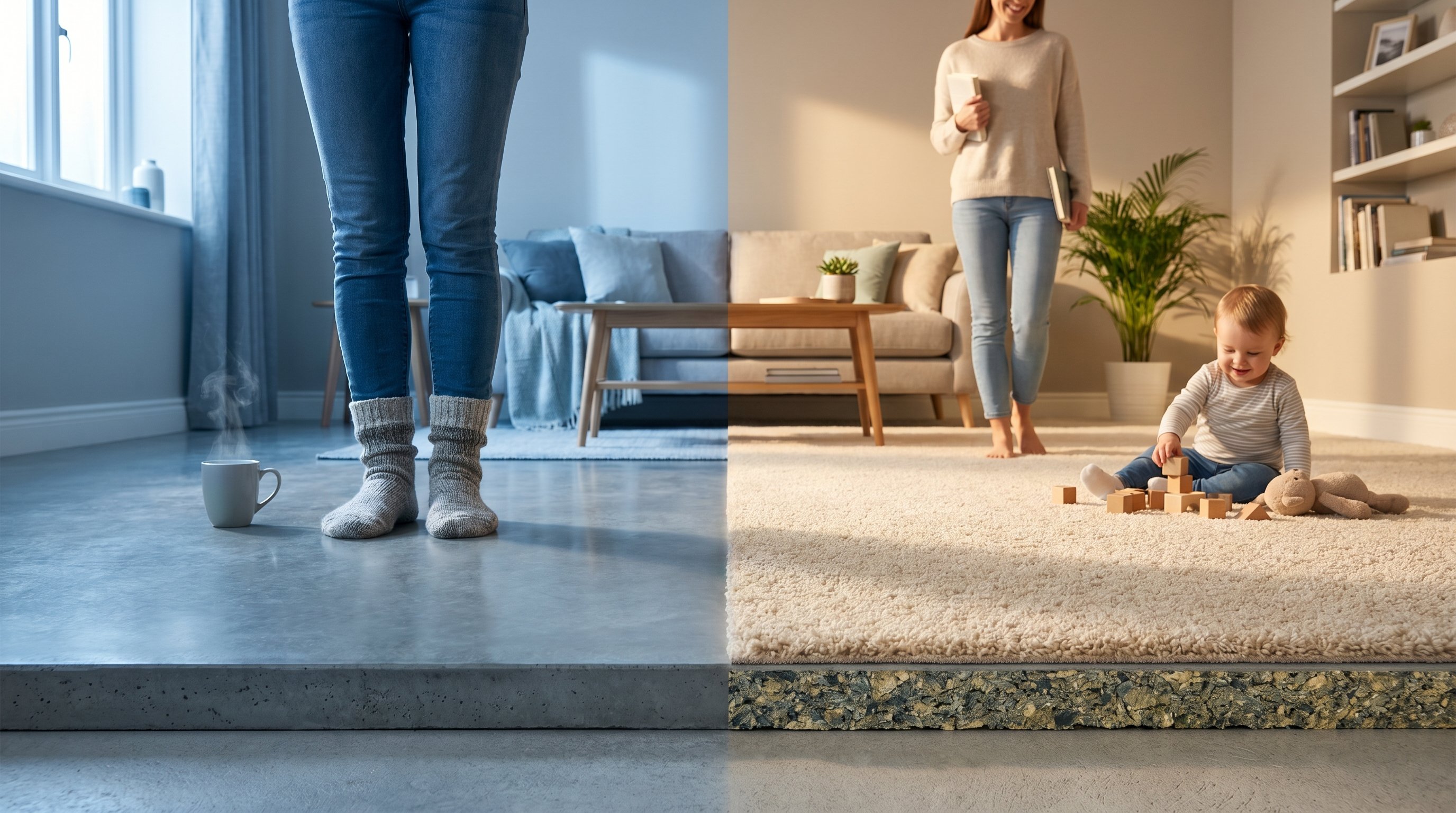 Уютная современная комната на первом этаже: слева зона с голым бетонным или плиточным полом, по которому человек в носках явно мёрзнет и поджимает пальцы ног; справа та же зона