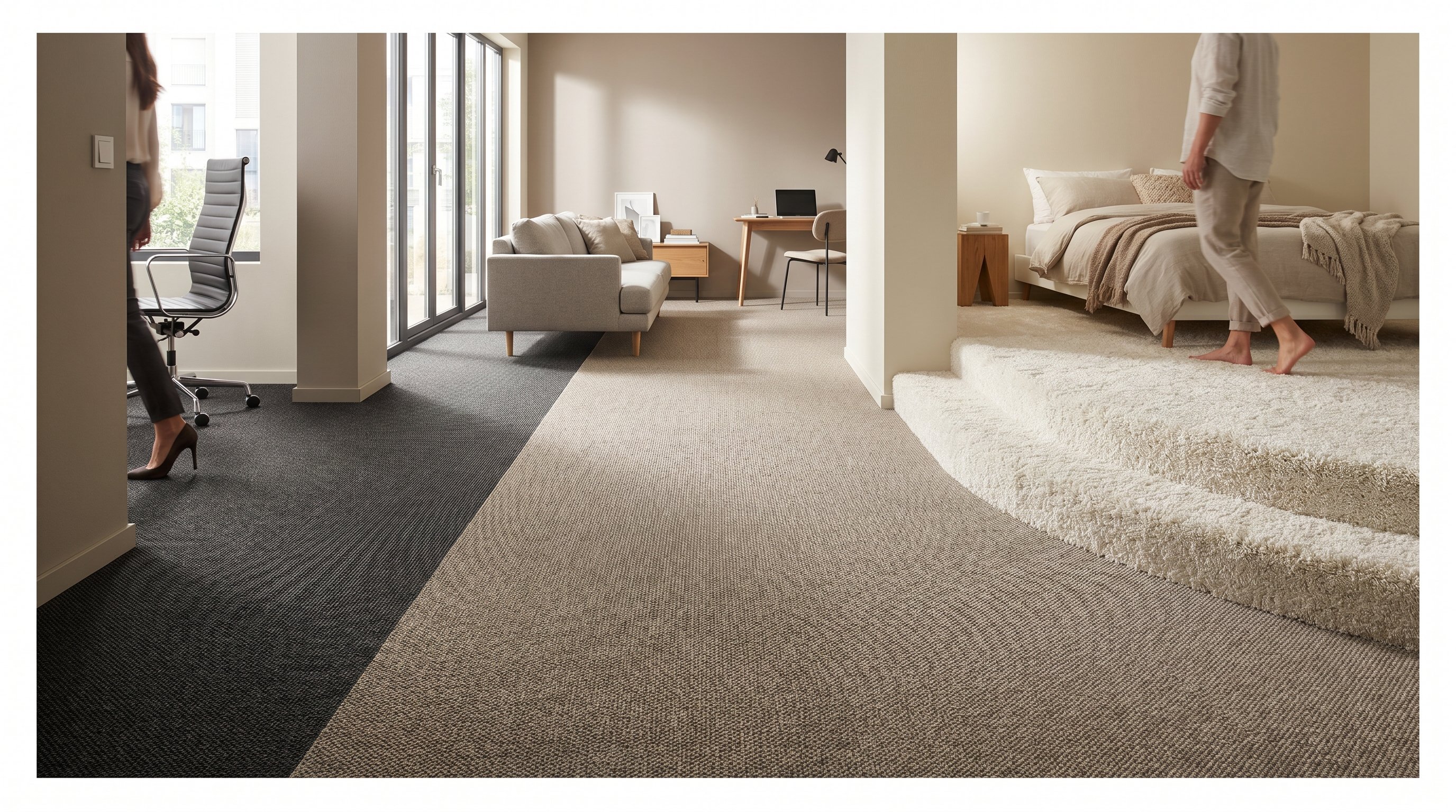 Интерьер квартиры, разделённый на несколько зон без стен: у входа узкий коридор с человеком на каблуках и креслом на колесиках на участке ковролина с коротким плотным ворсом