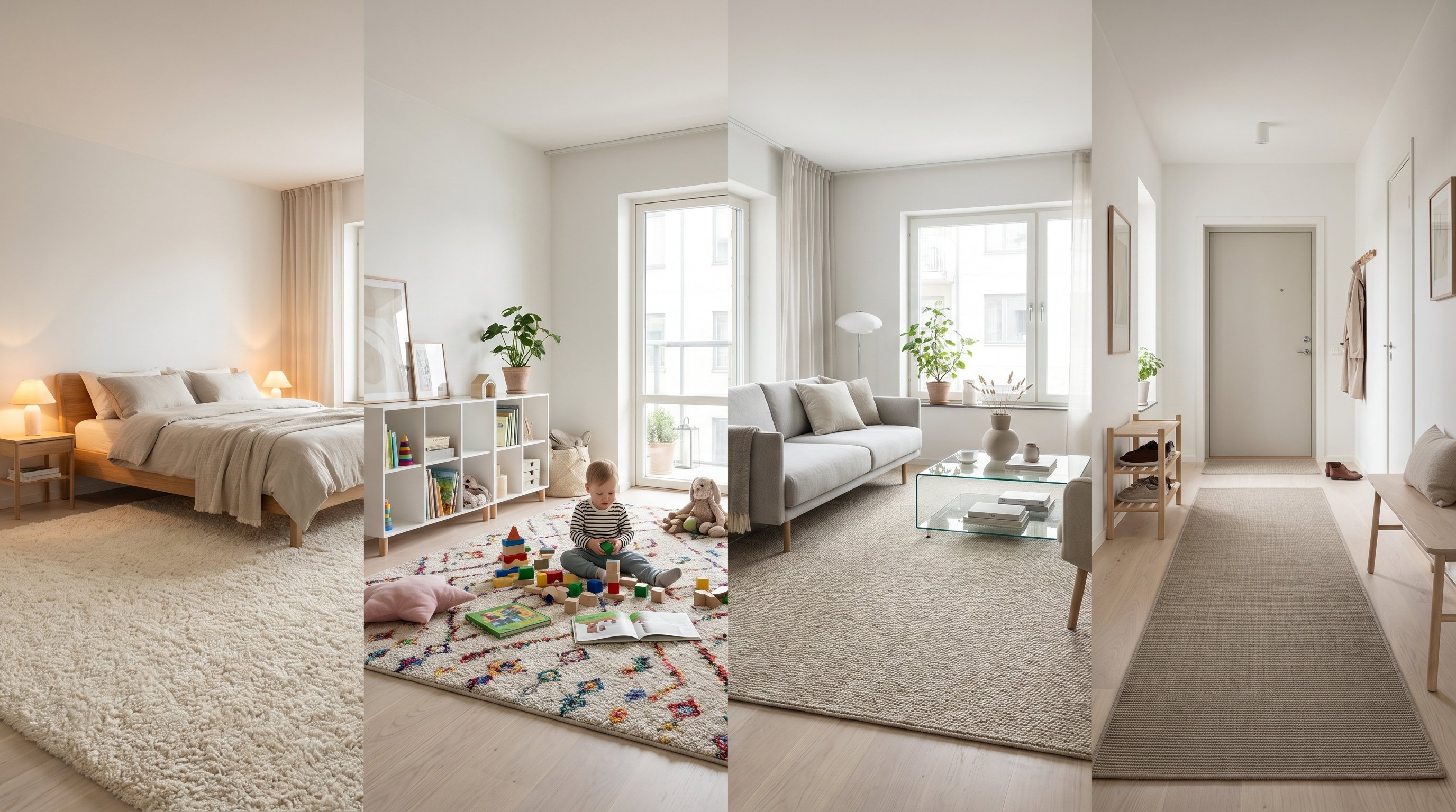Комната, разделённая на четыре визуальные зоны без стен: слева уютная спальня с мягким более высоким ковролином у кровати; рядом яркая детская с средним ворсом, на полу игрушки