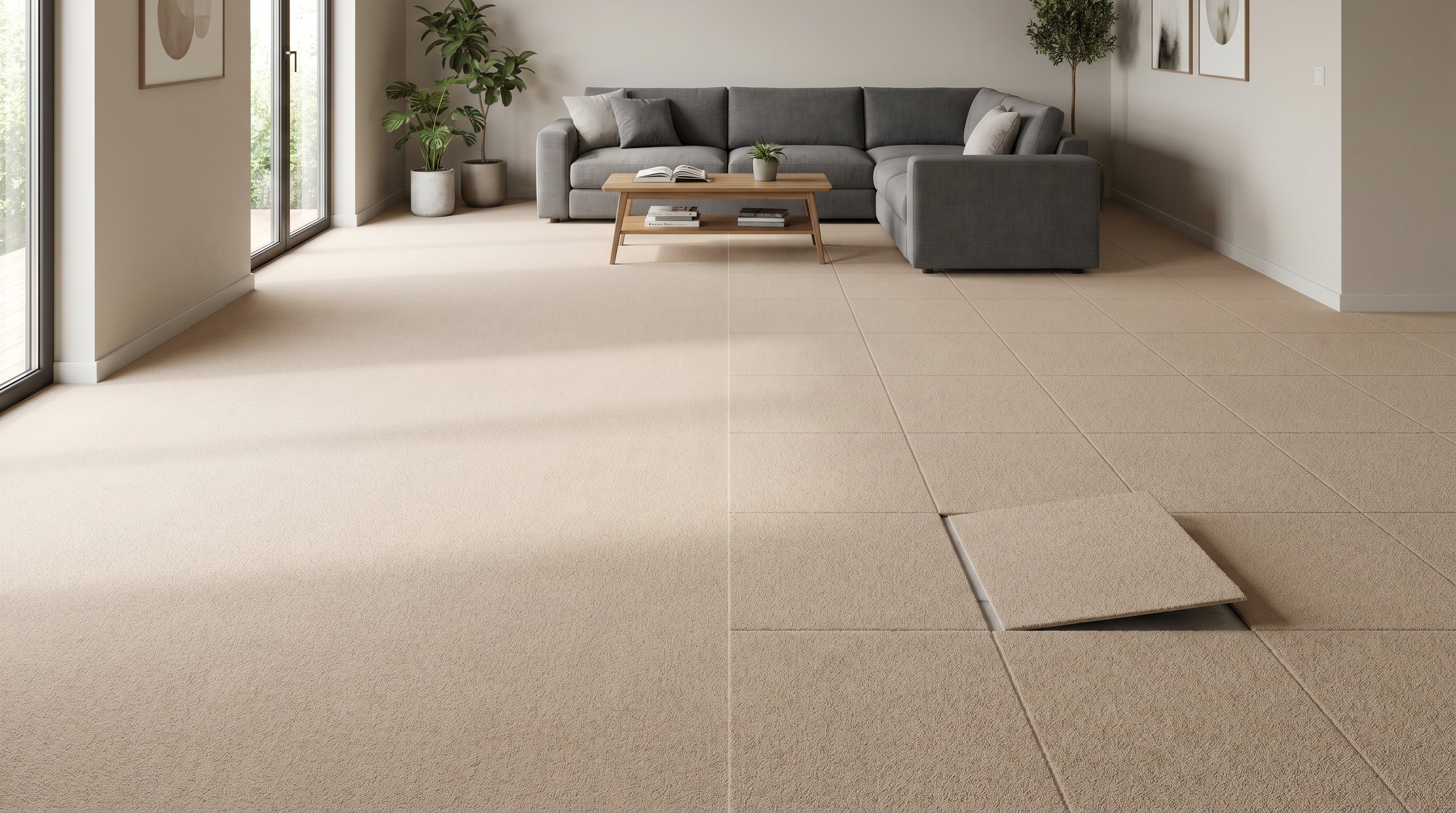 Современная комната, пол которой наглядно поделен на две половины: слева — цельное полотно рулонного ковролина спокойного однотонного цвета без заметных стыков, справа — тот же