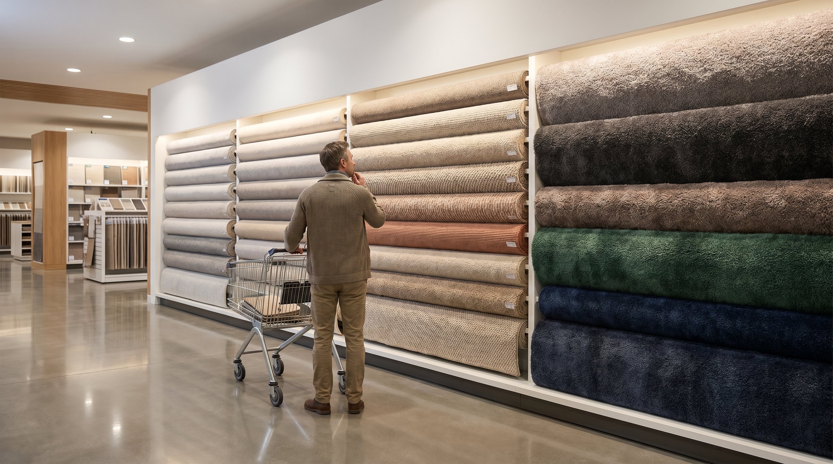 Интерьер магазина напольных покрытий: на переднем плане посетитель с тележкой стоит перед длинным стендом с образцами ковролина, разделёнными визуально на три зоны — слева простые