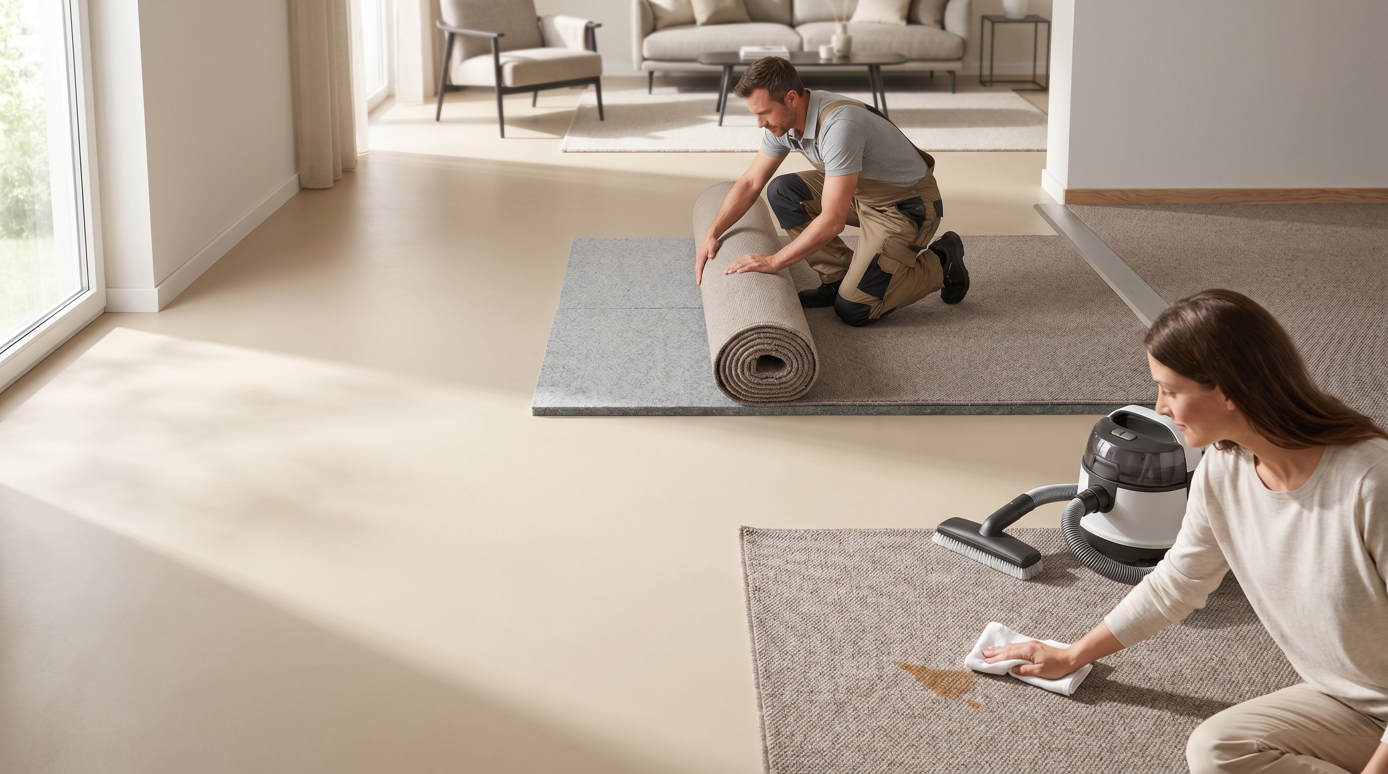 Комната в современном стиле: мастер аккуратно раскатывает рулон ковролина на ровном светлом полу с уже уложенной подложкой, в углу виден плинтус и порожек, фиксирующие край