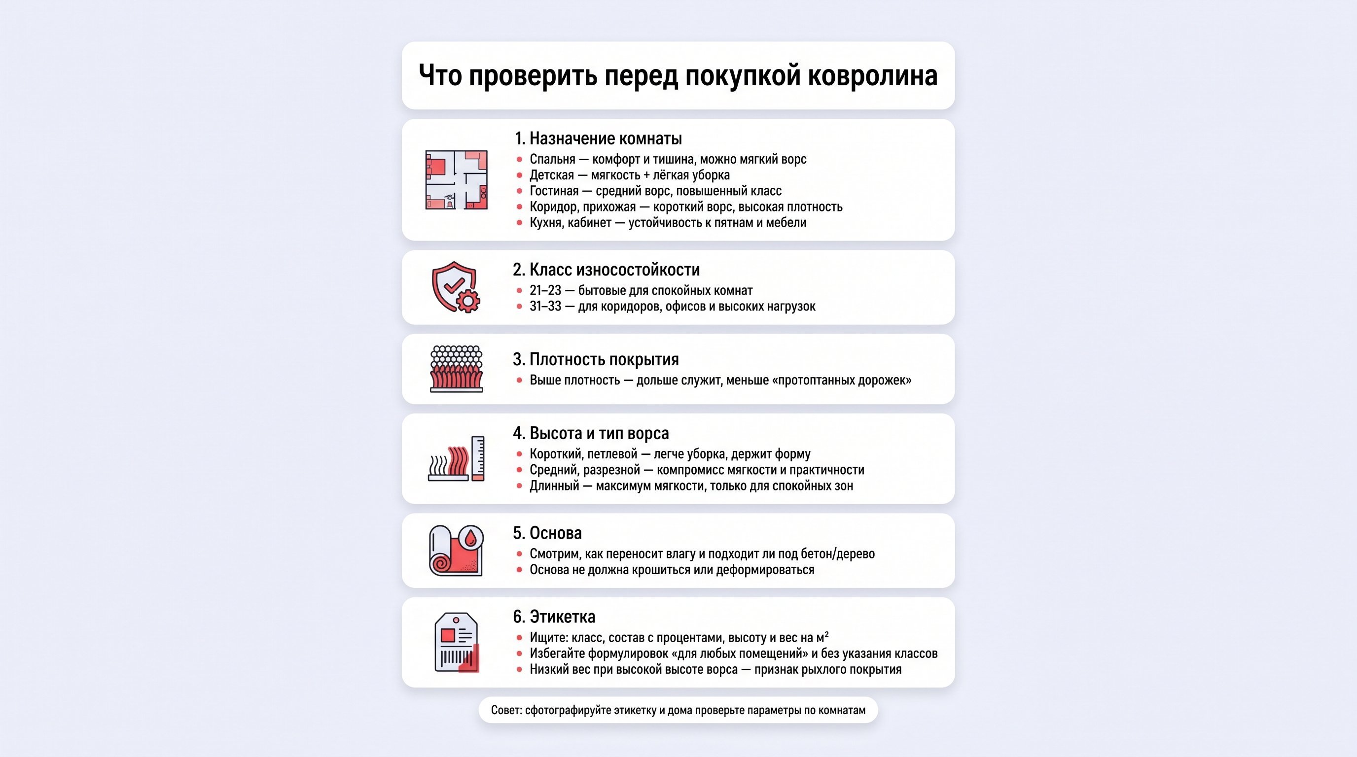 Вертикальная инфографика в виде аккуратного чек-листа по выбору ковролина: слева небольшие простые пиктограммы, справа короткие подписи. Блоки расположены сверху вниз, фон