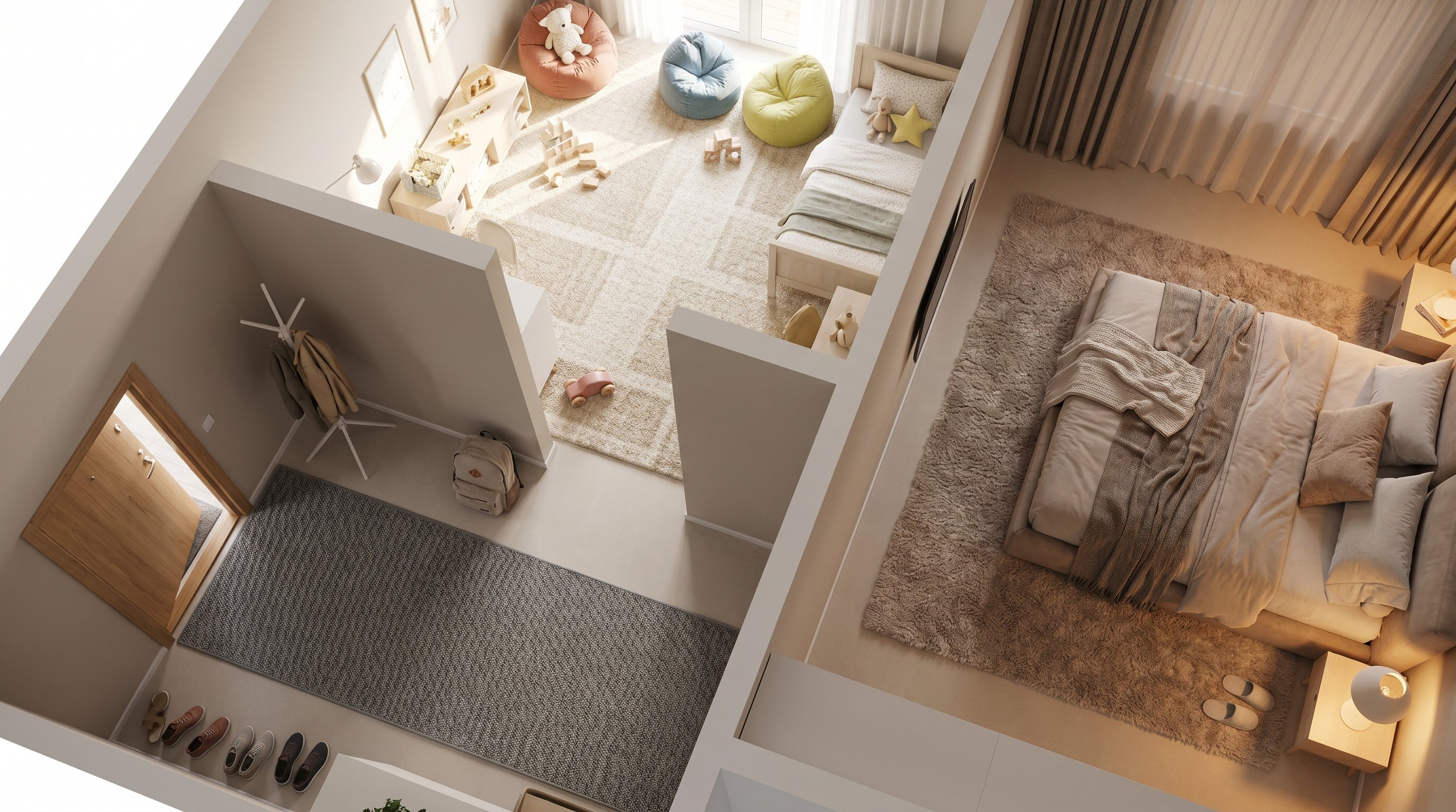 Интерьер современной квартиры, показанный как вид сверху на несколько комнат одновременно: прихожая с входной дверью и узкой полосой ковролина из плотной короткой синтетики