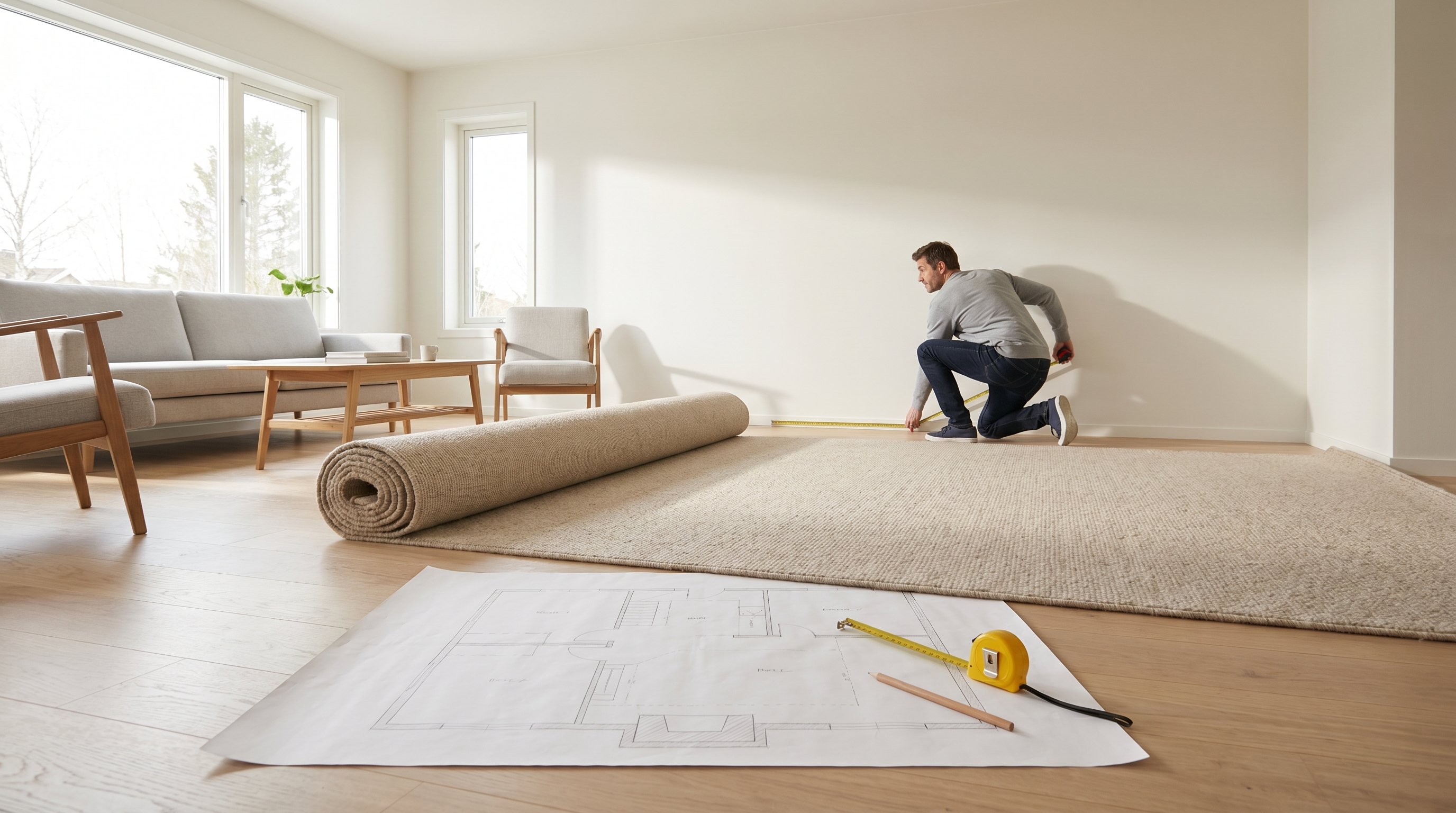 Современная светлая комната, на полу частично раскатан рулон ковролина; рядом на полу разложен крупный бумажный план комнаты с обозначенными нишами и выступами, на нем лежит