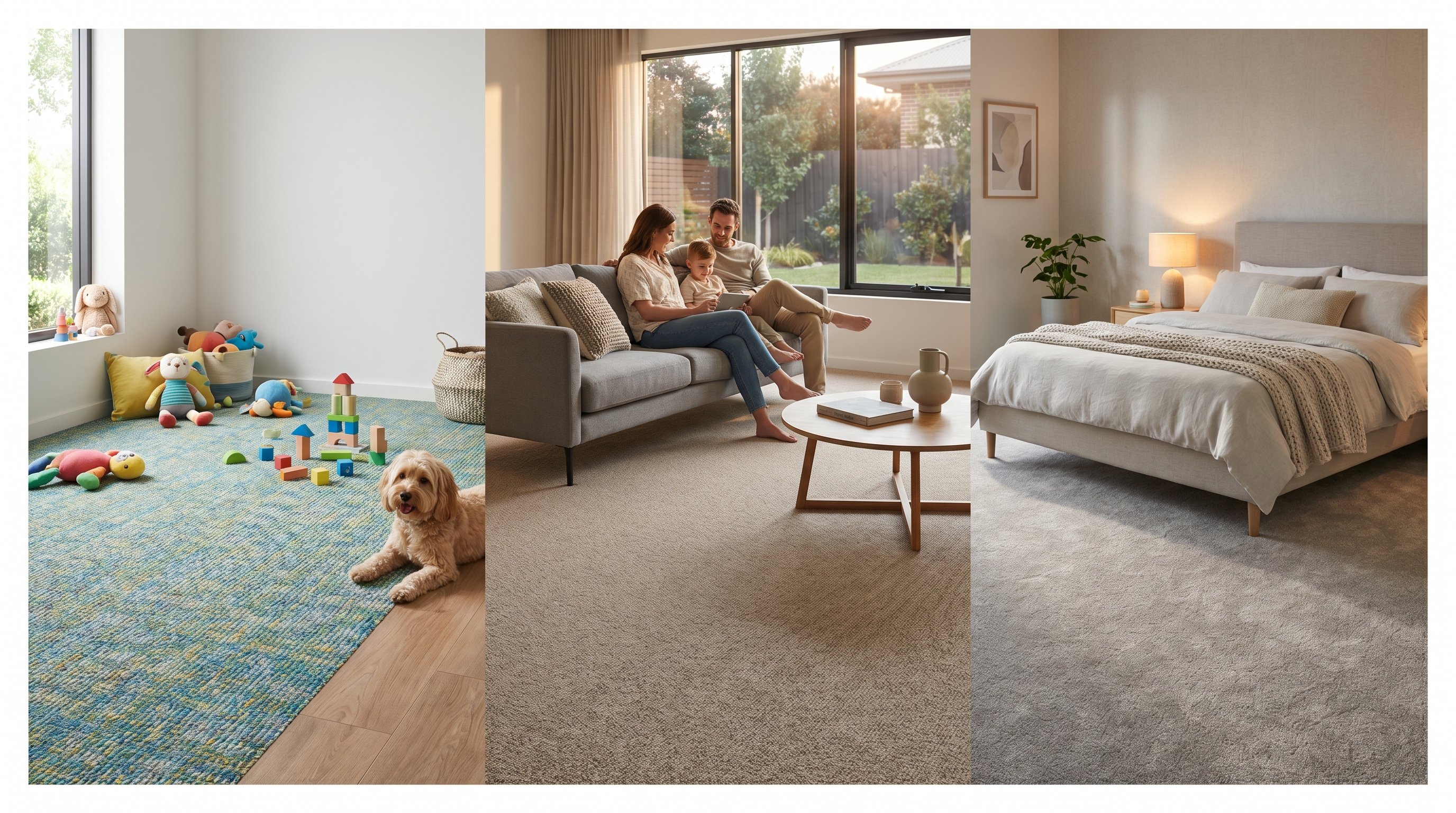 Современная комната, условно разделённая на три зоны: слева детская с ярким синтетическим ковролином короткого ворса, где видно следы игрушек и присутствие собаки; в центре