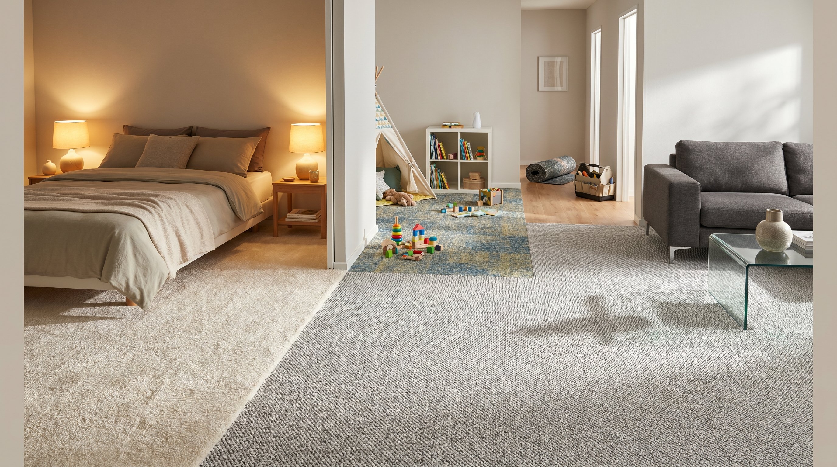 Современная квартира в легкой диагональной перспективе, разделённая на несколько открытых комнат без стен: слева уютная взрослая спальня с мягким светлым ковролином с чуть более