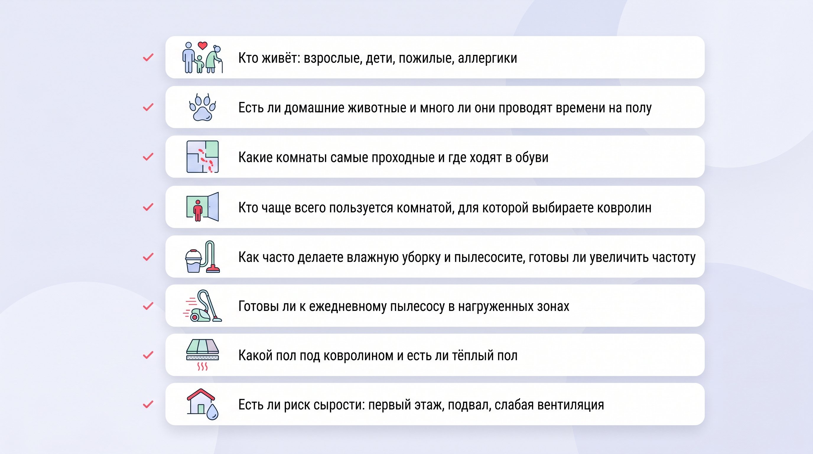 Вертикальный чек-лист в аккуратных карточках, каждая строка сопровождается небольшой пиктограммой: силуэты людей, лапа животного, контур квартиры, ведро и пылесос, иконка пола и