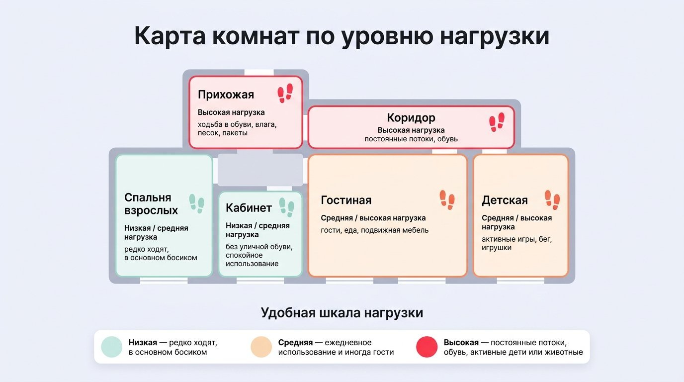 Простая инфографика в виде стилизованного плана квартиры сверху: прямоугольная схема, разделённая на зоны с подписями комнат. У каждой комнаты рядом маленький значок уровня