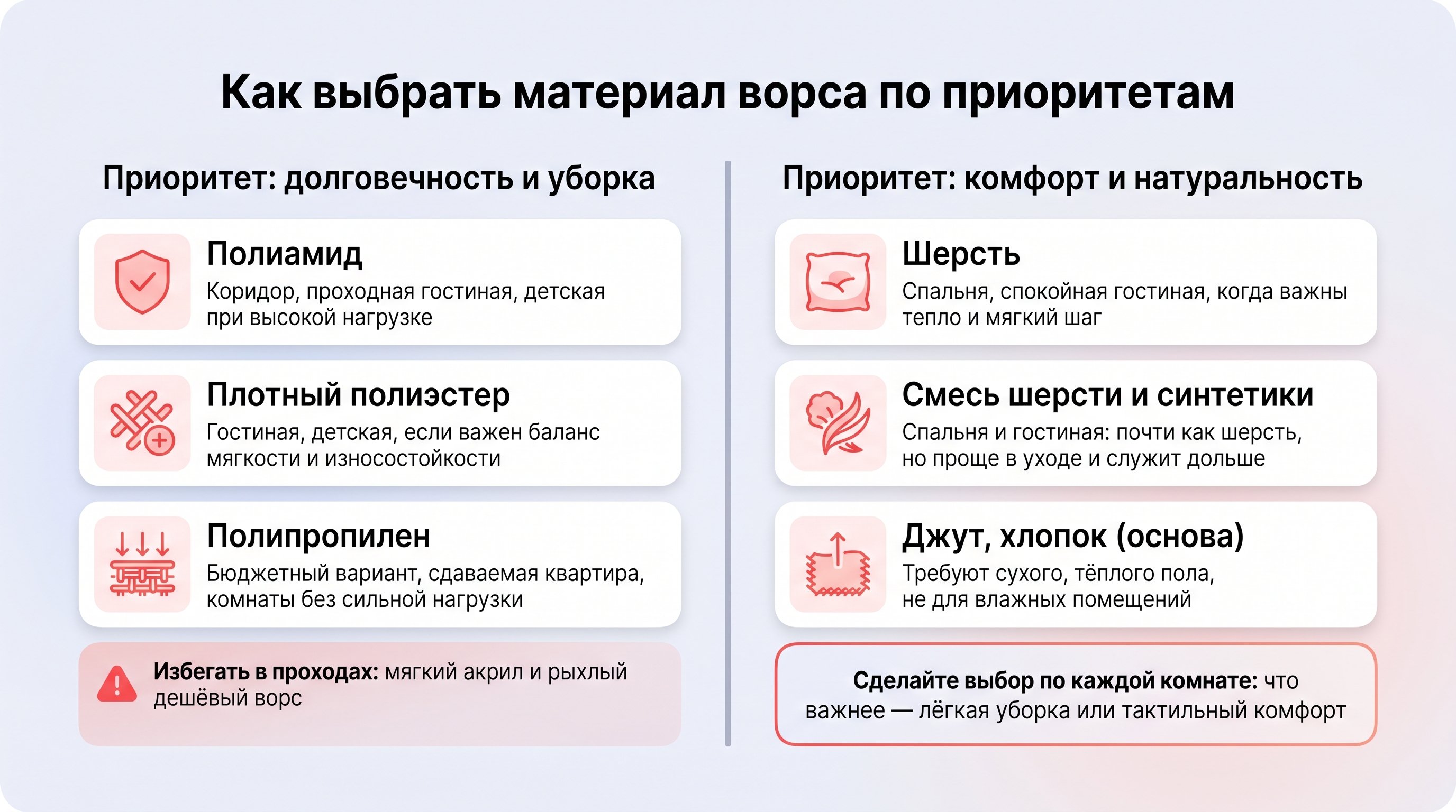 Вертикальная наглядная схема в виде двух колонок: слева «Приоритет: долговечность и уборка», справа «Приоритет: комфорт и натуральность». Под каждой колонкой — блоки с названиями