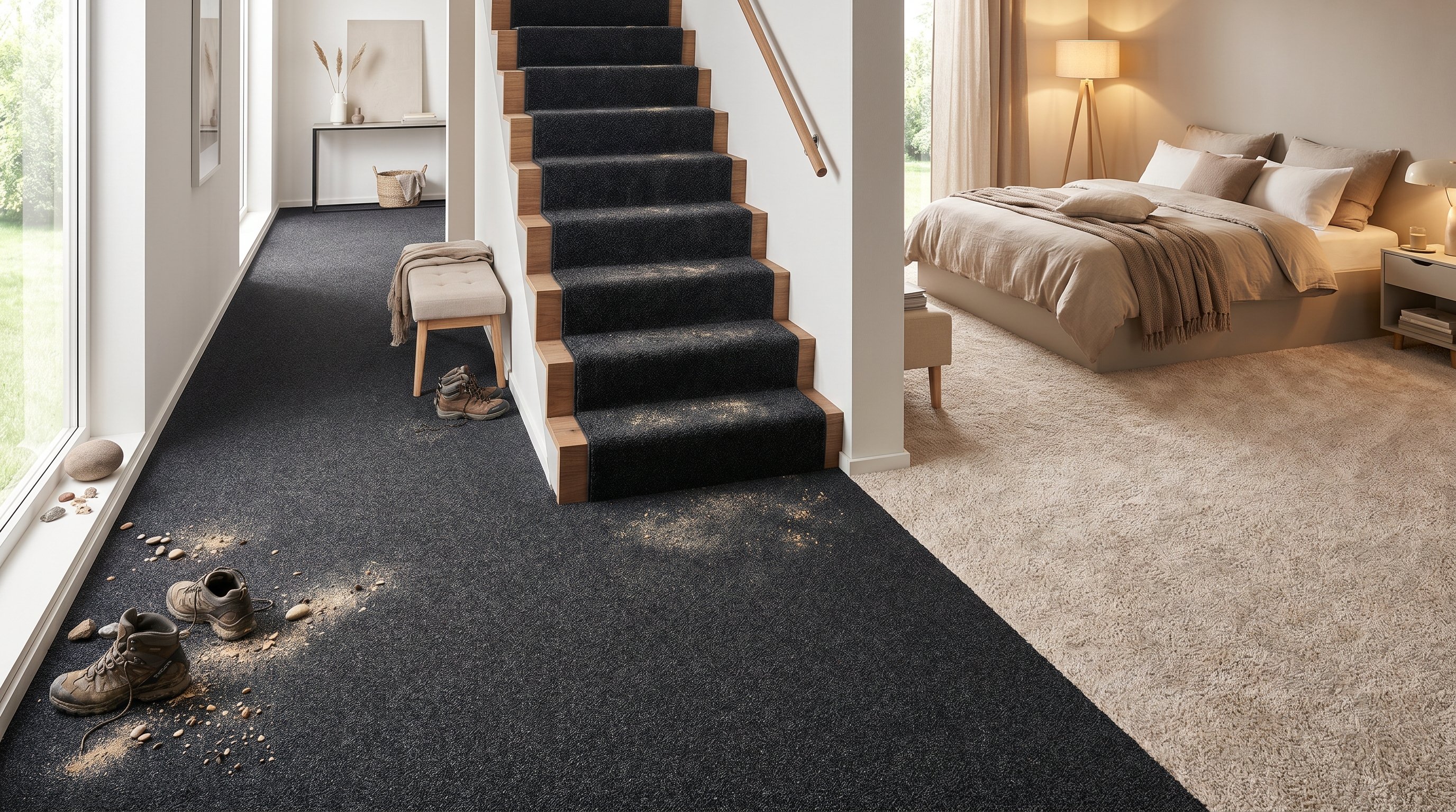 Комната, условно разделённая на несколько зон, каждая с разным ковролином и типом нагрузки: у входной двери узкий коридор с уличной обувью, песком и коротким плотным тёмным