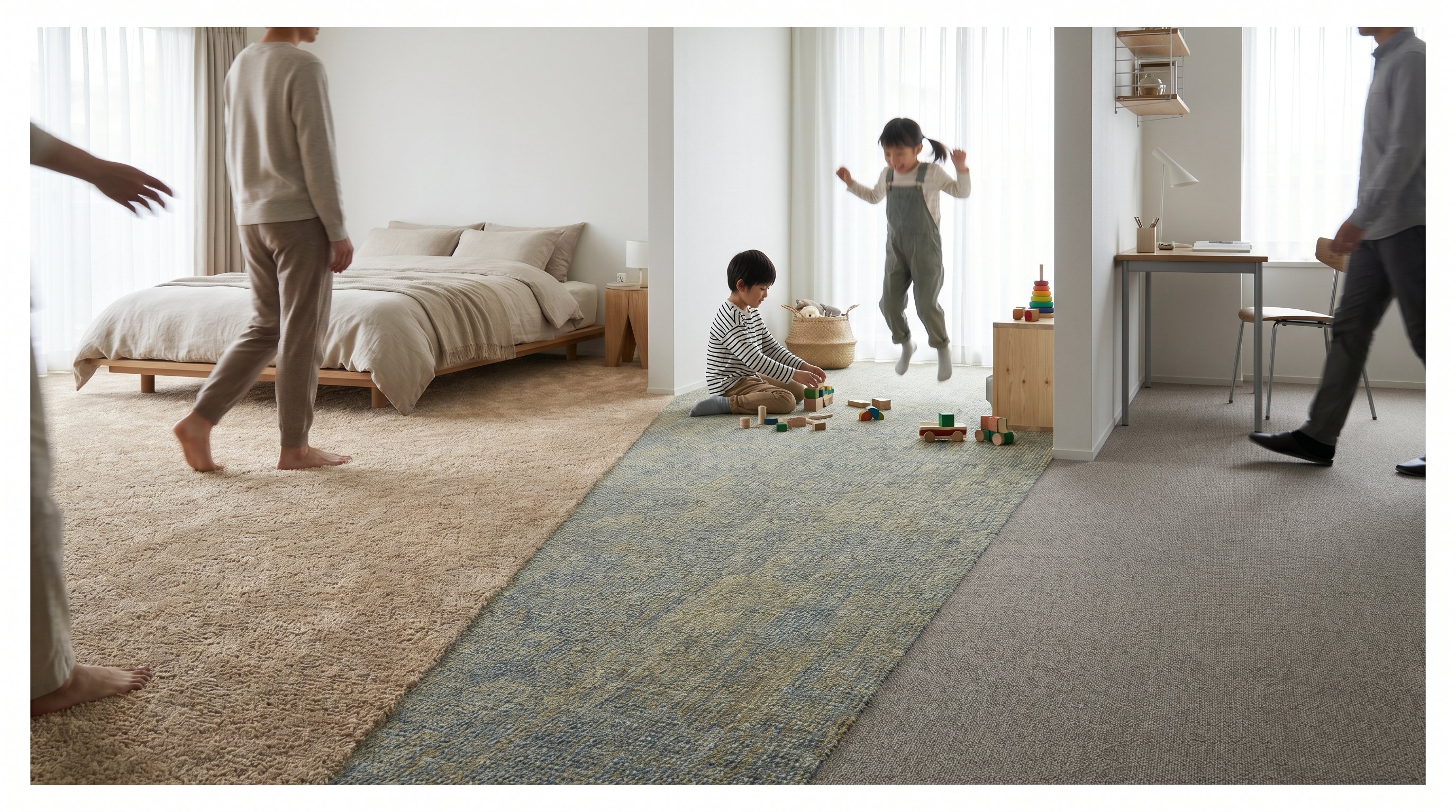 Вертикальная наглядная памятка в виде столбца комнат с пиктограммами и краткими критериями выбора ковролина: для каждой комнаты своя строка с иконкой и основными параметрами