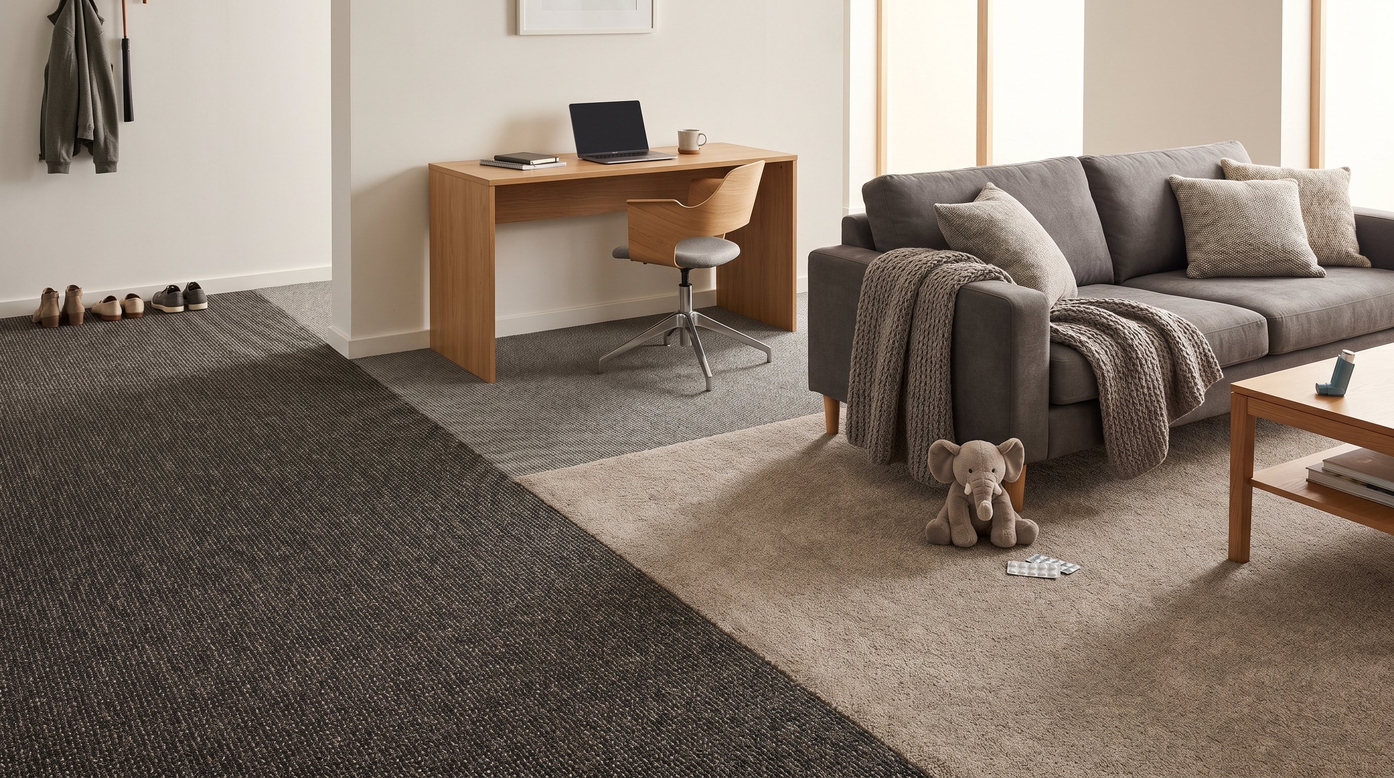 Современная комната, разделённая на несколько зон с разным ковролином. Справа уютный семейный уголок: диван, детская игрушка на полу, толстый мягкий ковролин среднего ворса