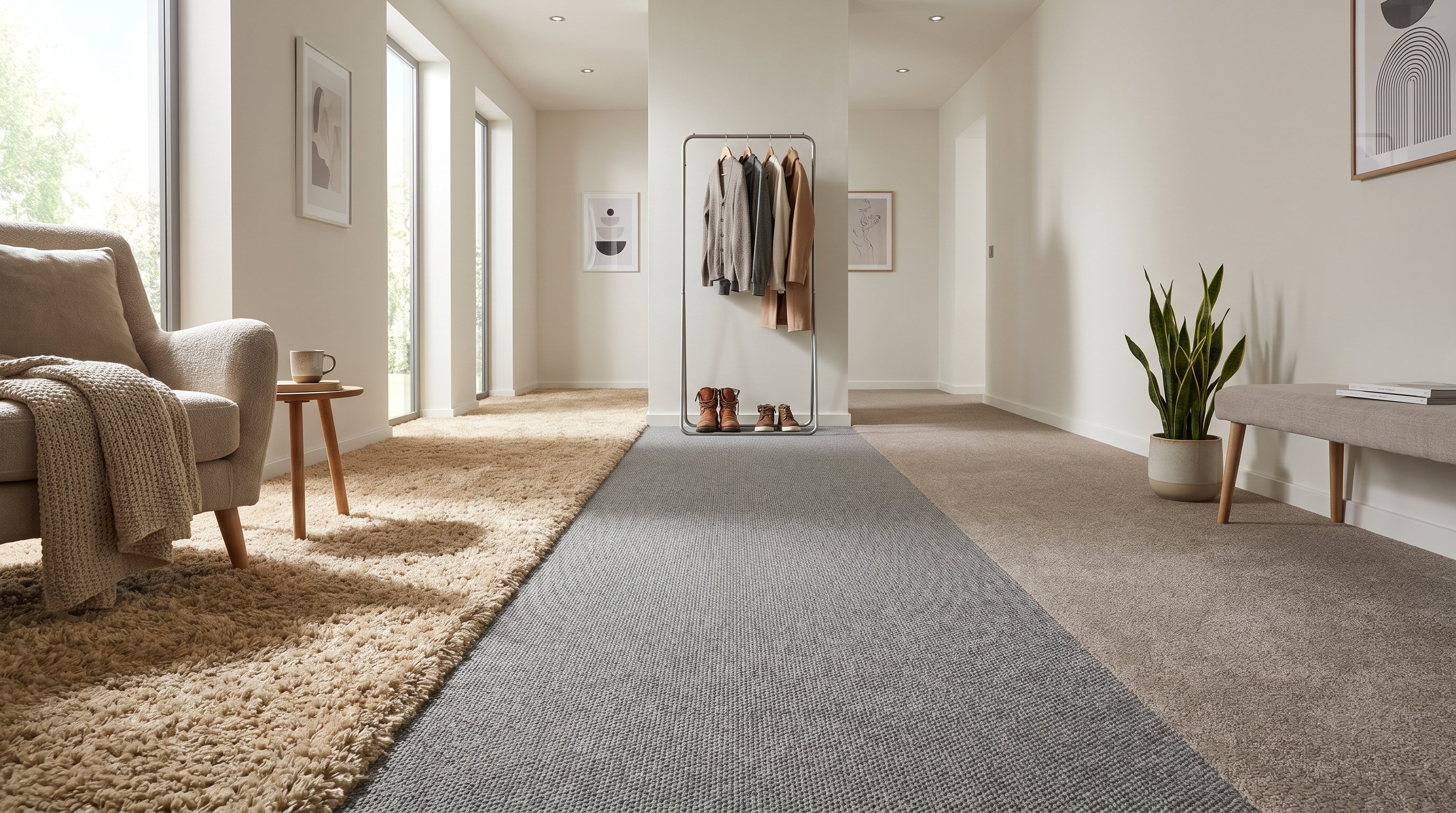 Интерьер современного коридора, условно разделённый на три зоны ковролина, идущие одной полосой слева направо: слева участок тёплого бежевого ковролина с заметным мягким