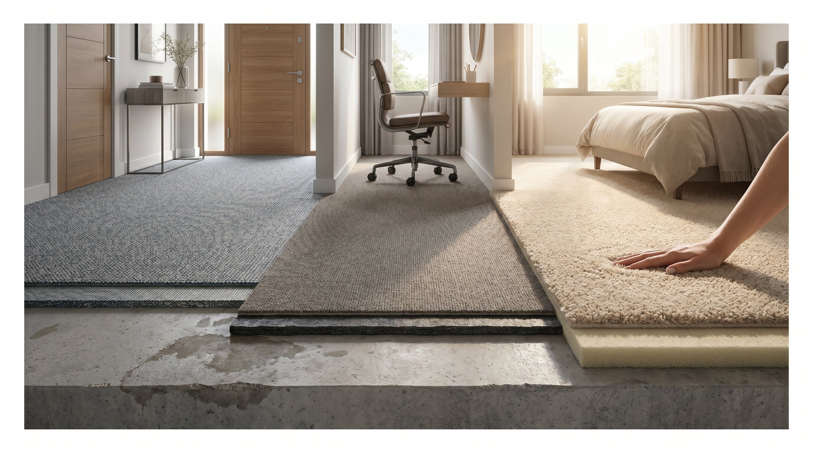 Интерьер квартиры, показывающий на разрезе несколько участков пола с разным ковролином: у входной двери виден бетонный пол с намеком на влажные пятна и уложенный сверху ковролин с