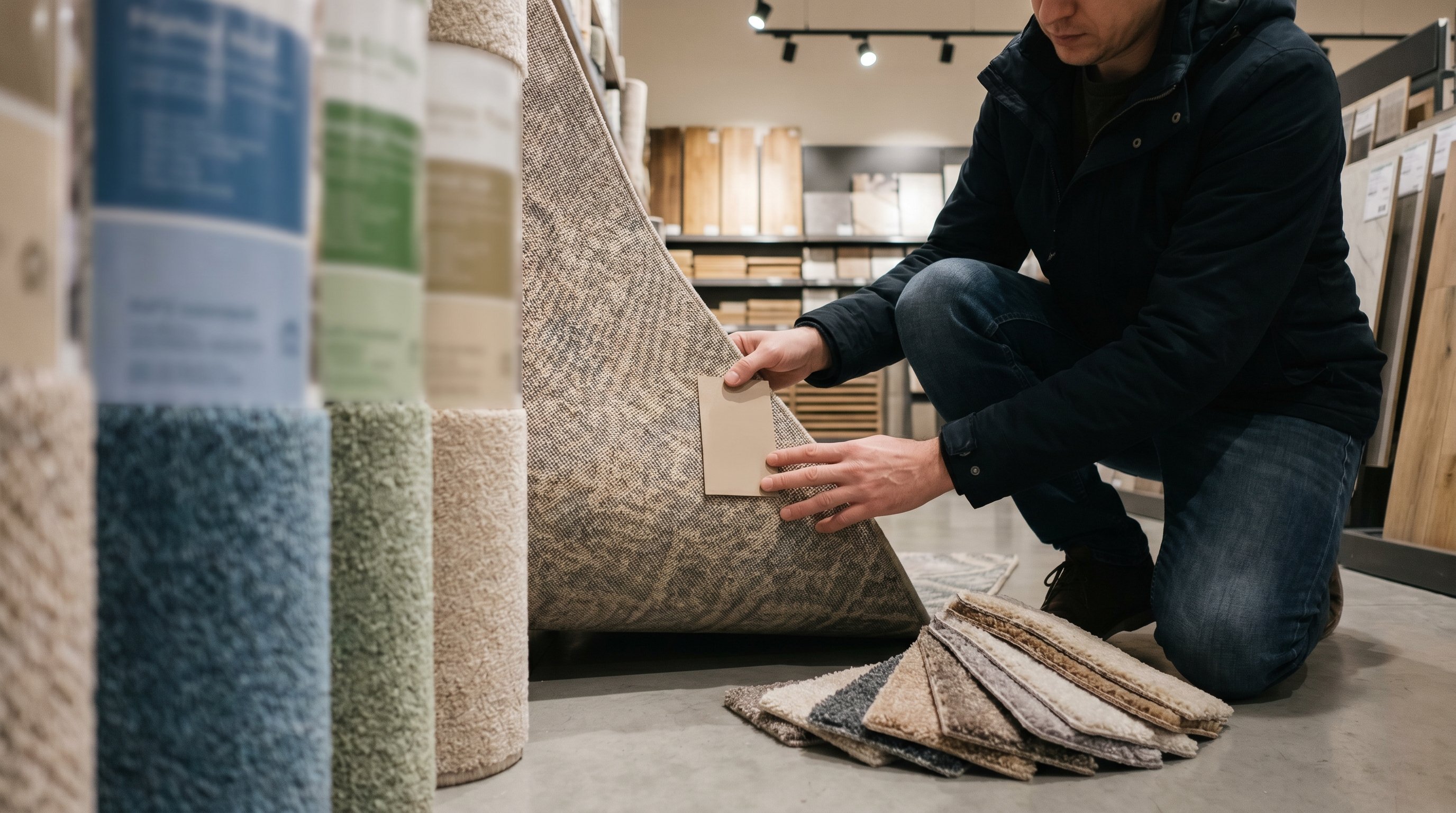 Покупатель в строительном магазине присел возле большого рулона ковролина и внимательно рассматривает этикетку, держа ее в руках. На переднем плане — несколько рулонов с ярко