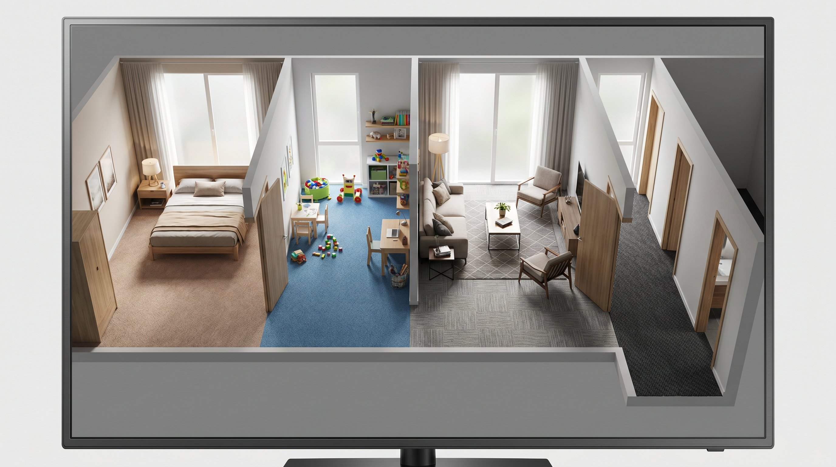 Современная квартира в разрезе, показанная как несколько соседних комнат без стен‑перегородок сверху: спальня с мягким ковролином среднего ворса приглушённого тона, детская с чуть