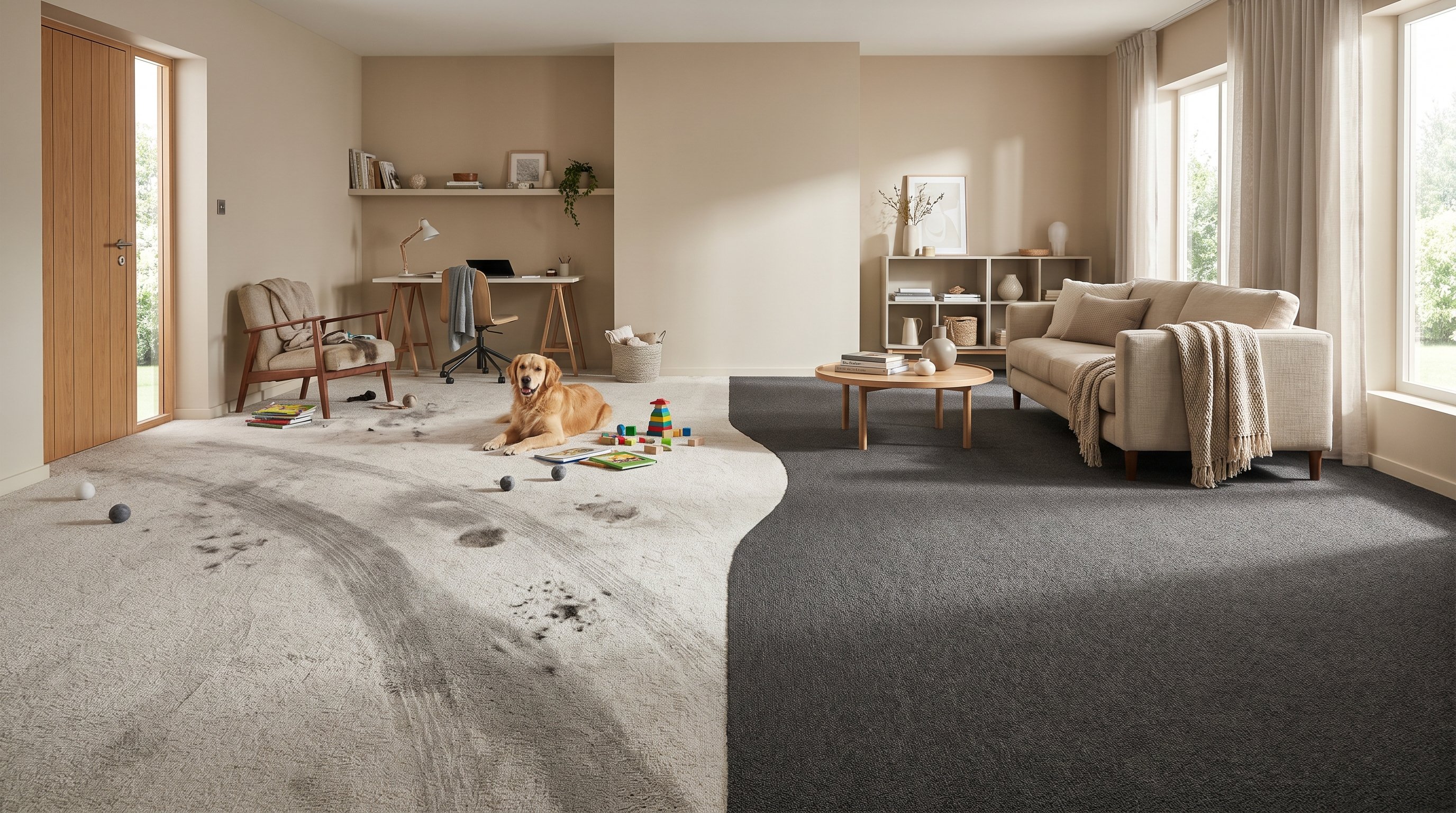 Комната, условно разделённая на две половины. Слева — цепочка типичных ошибок: у входной двери лежит светлый длинноворсовый ковролин с катышками, грязными дорожками и заметными