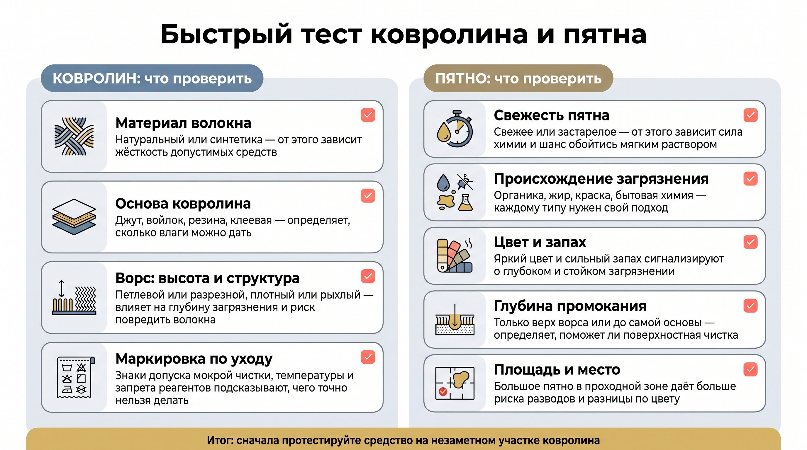 Инфографика в виде аккуратного чек-листа на светлом фоне: слева вертикальная колонка с пунктами про ковролин, справа — про пятно. Каждая строка оформлена отдельной карточкой с