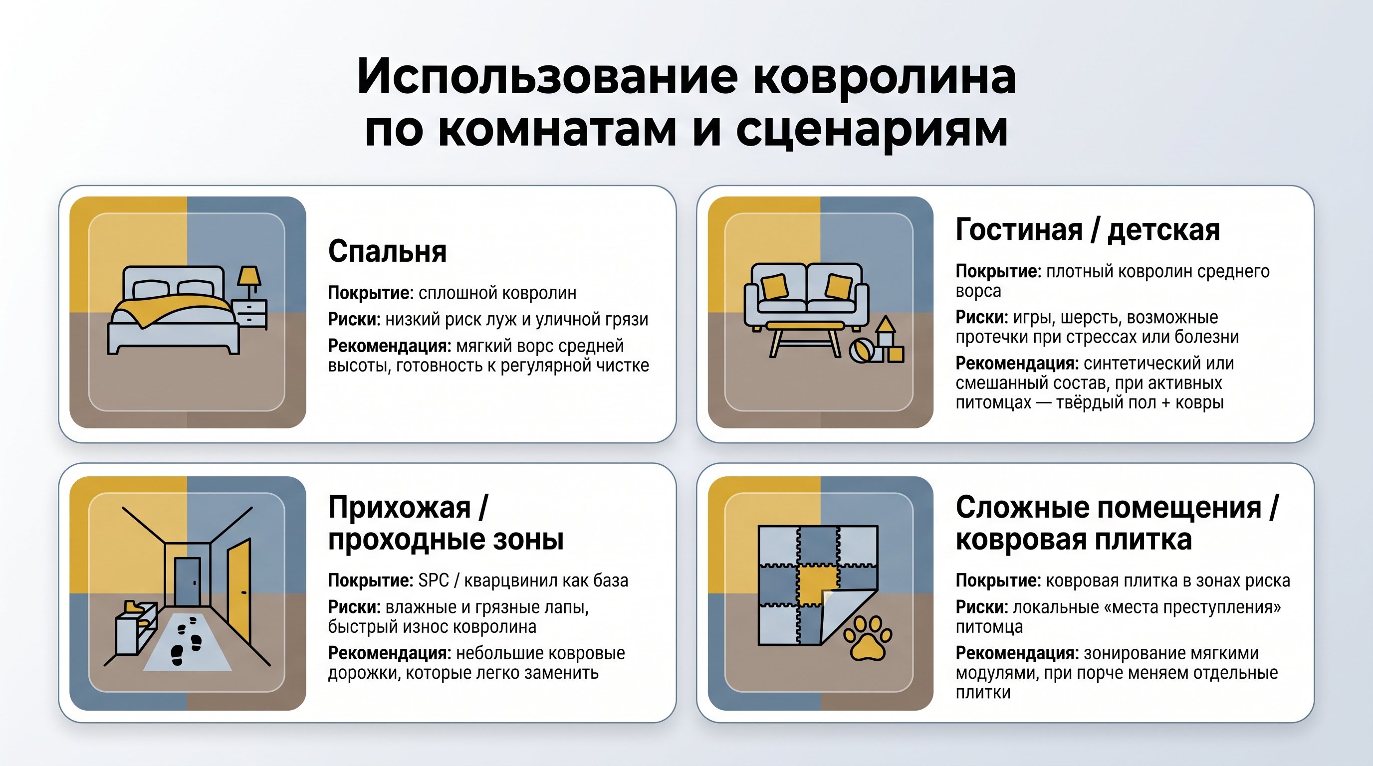 Плоская инфографика на светлом фоне с четырьмя горизонтальными блоками-комнатами: «Спальня», «Гостиная/детская», «Прихожая/проходные зоны», «Сложные помещения/ковровая плитка». У