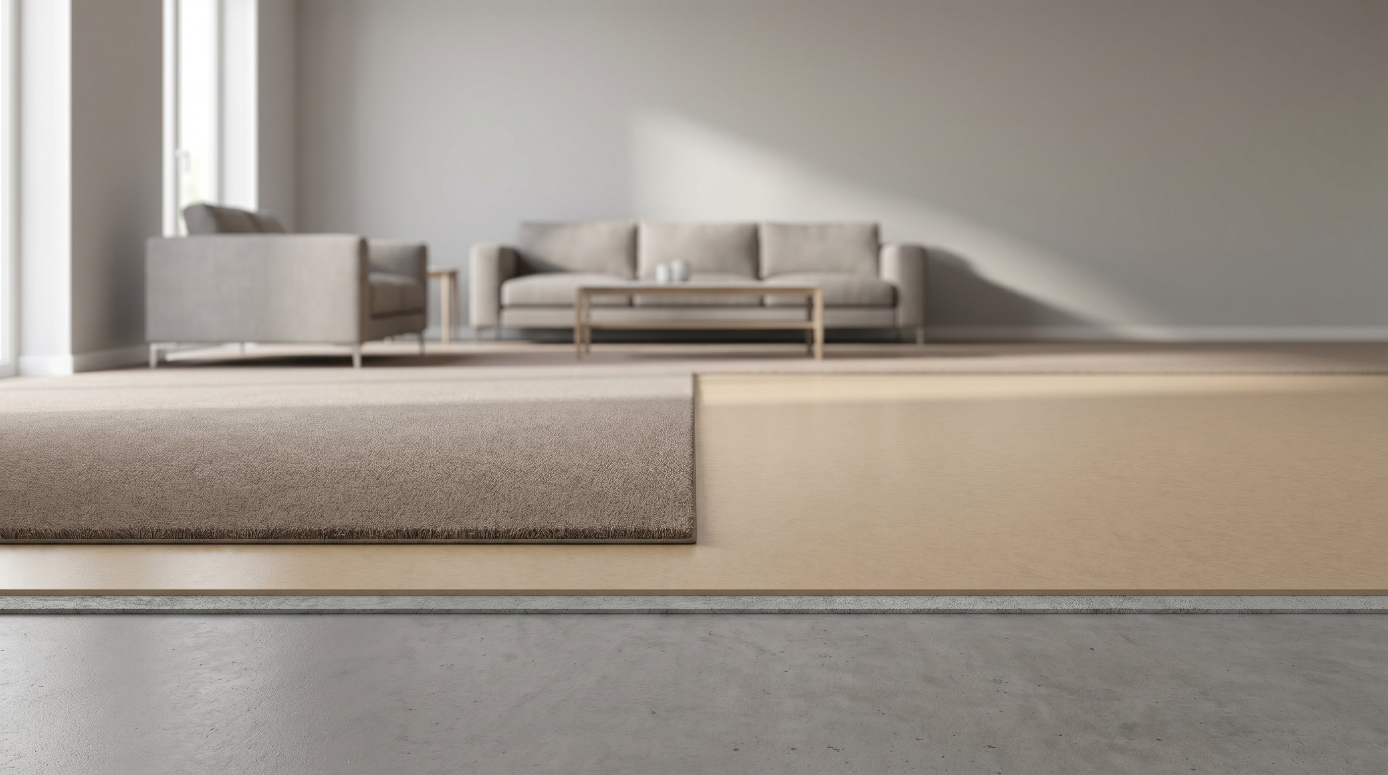 Интерьер комнаты в разрезе пола: снизу видна ровная бетонная стяжка, на ней аккуратно и без волн лежит ровный линолеум, сверху на половине комнаты уже раскатан ковролин, на второй