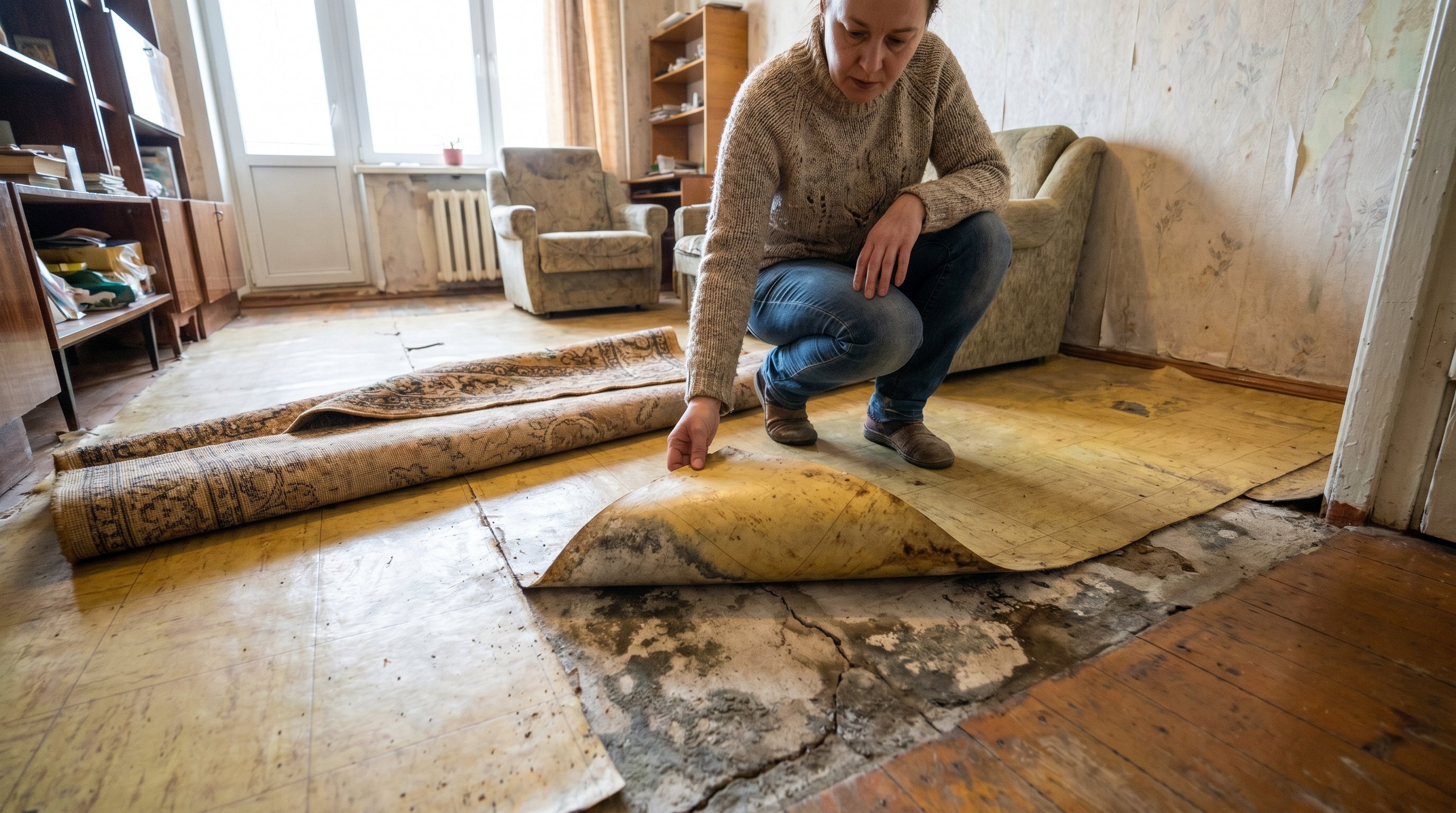 Интерьер обычной квартиры: на первом плане мужчина или женщина осторожно приподнимает край старого линолеума у стены, другой рукой придерживая ковролин, который лежит сверху