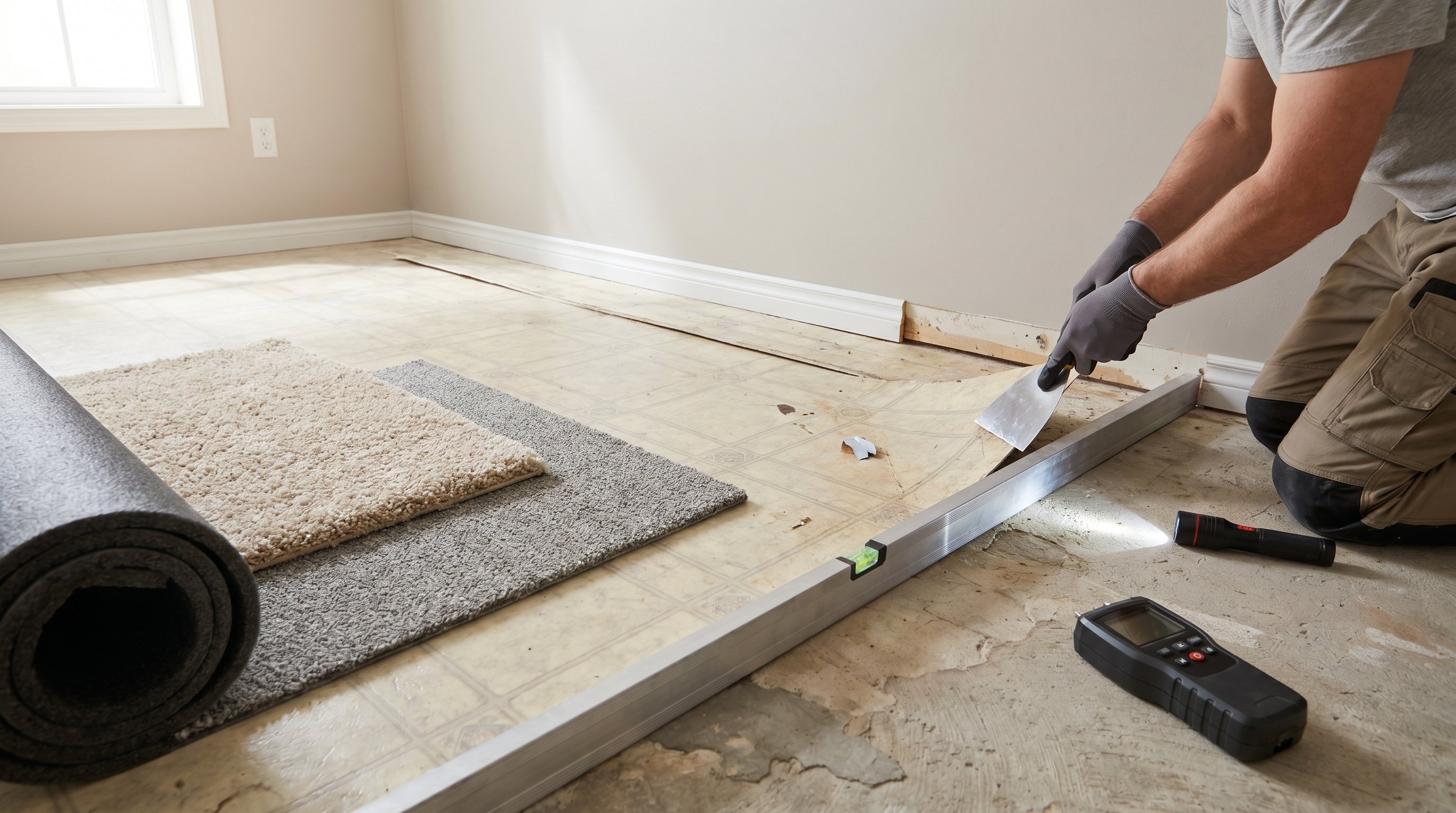 Комната с частично демонтированным плинтусом: на полу старый линолеум, на котором разложены два образца ковролина разной плотности и рулон тонкой подложки. На переднем плане