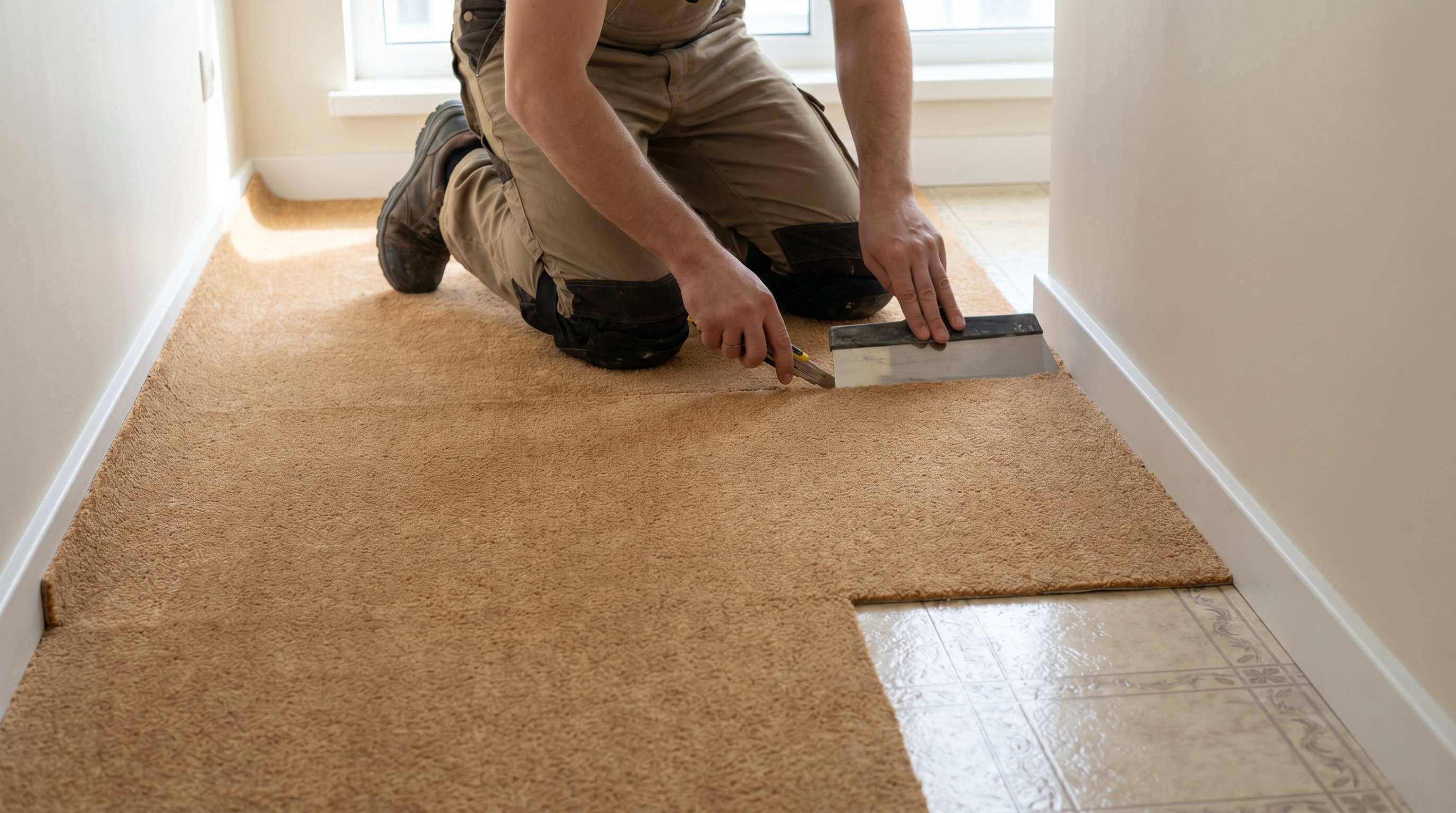 Современная комната сверху, на полу уже лежит старый линолеум, поверх него аккуратно раскатан ковролин с небольшим запасом у стен. Вдоль одной стены мастер в рабочих брюках