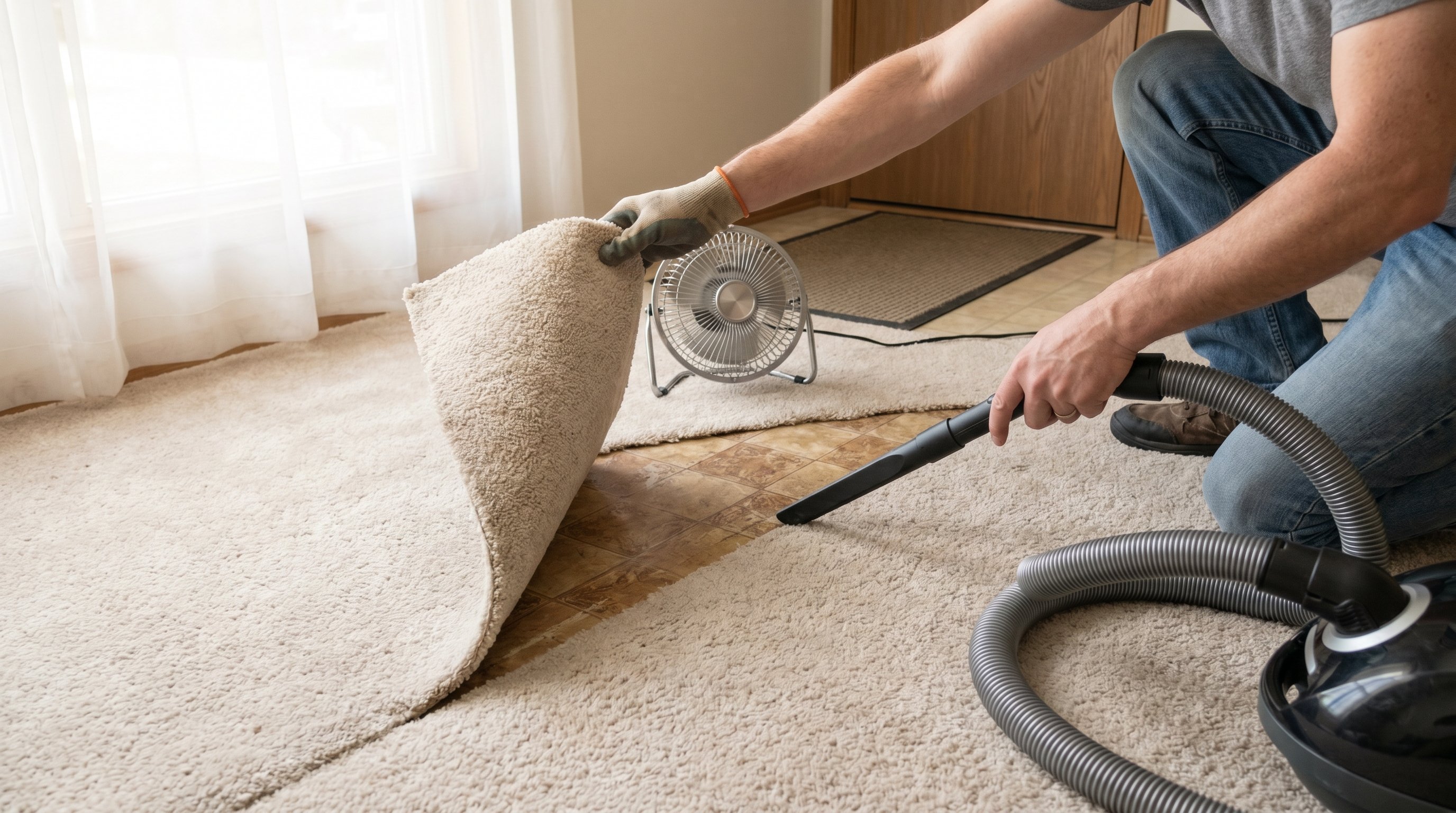 Комната с полом, где на нижнем слое виден старый линолеум, а сверху аккуратно уложен ковролин. На переднем плане хозяин приподнимает край ковролина у стены, открывая узкую щель