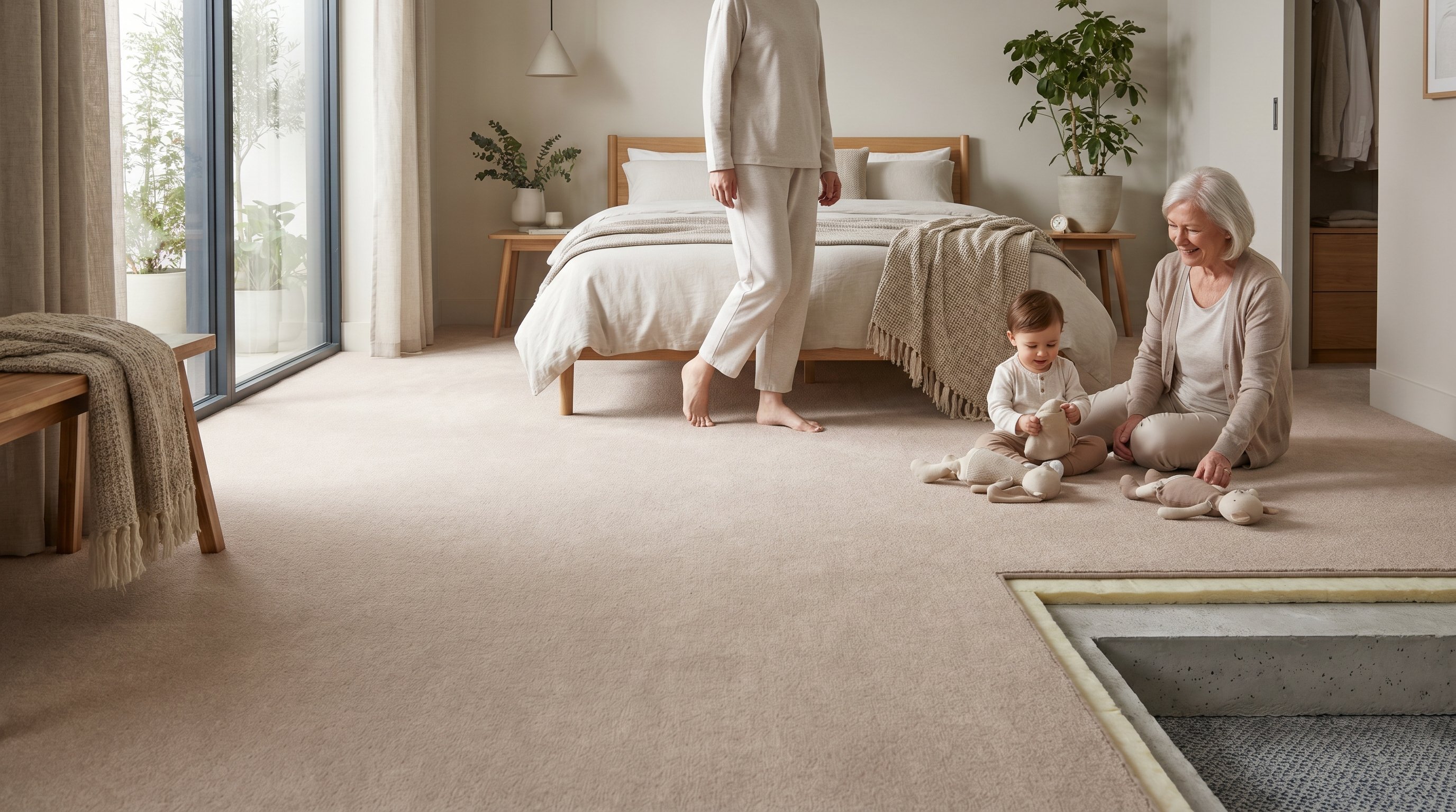 Уютная современная спальня с мягким ковролином от стены до стены: человек в домашней одежде утром встает босиком с кровати на мягкий пол, рядом на полу играют ребенок и пожилой