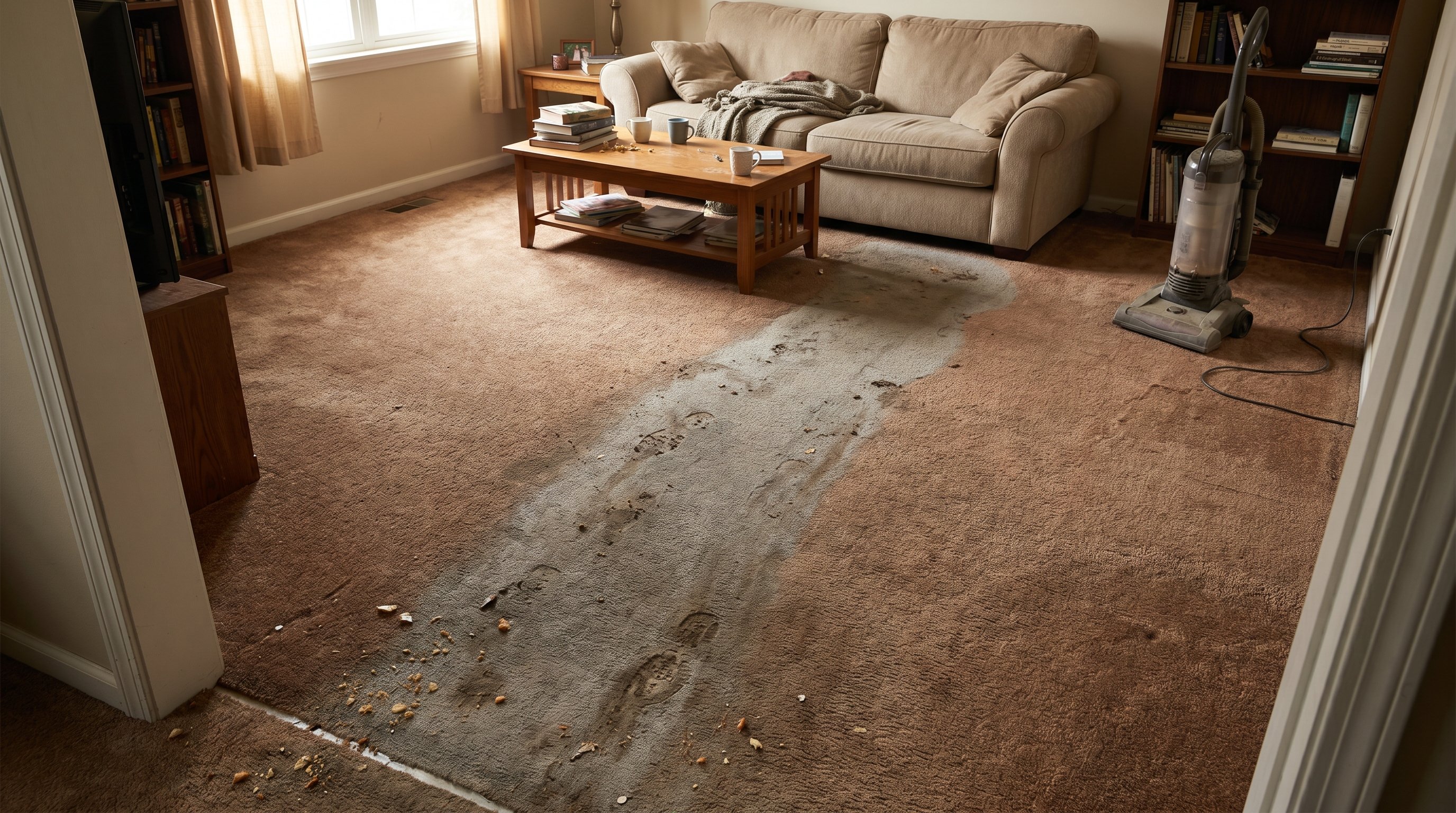 Уютная, но явно запущенная проходная гостиная с ковролином: по центру заметная потёртая грязная дорожка от входа к дивану, по краям ковролин светлее и пушистее. Возле входной