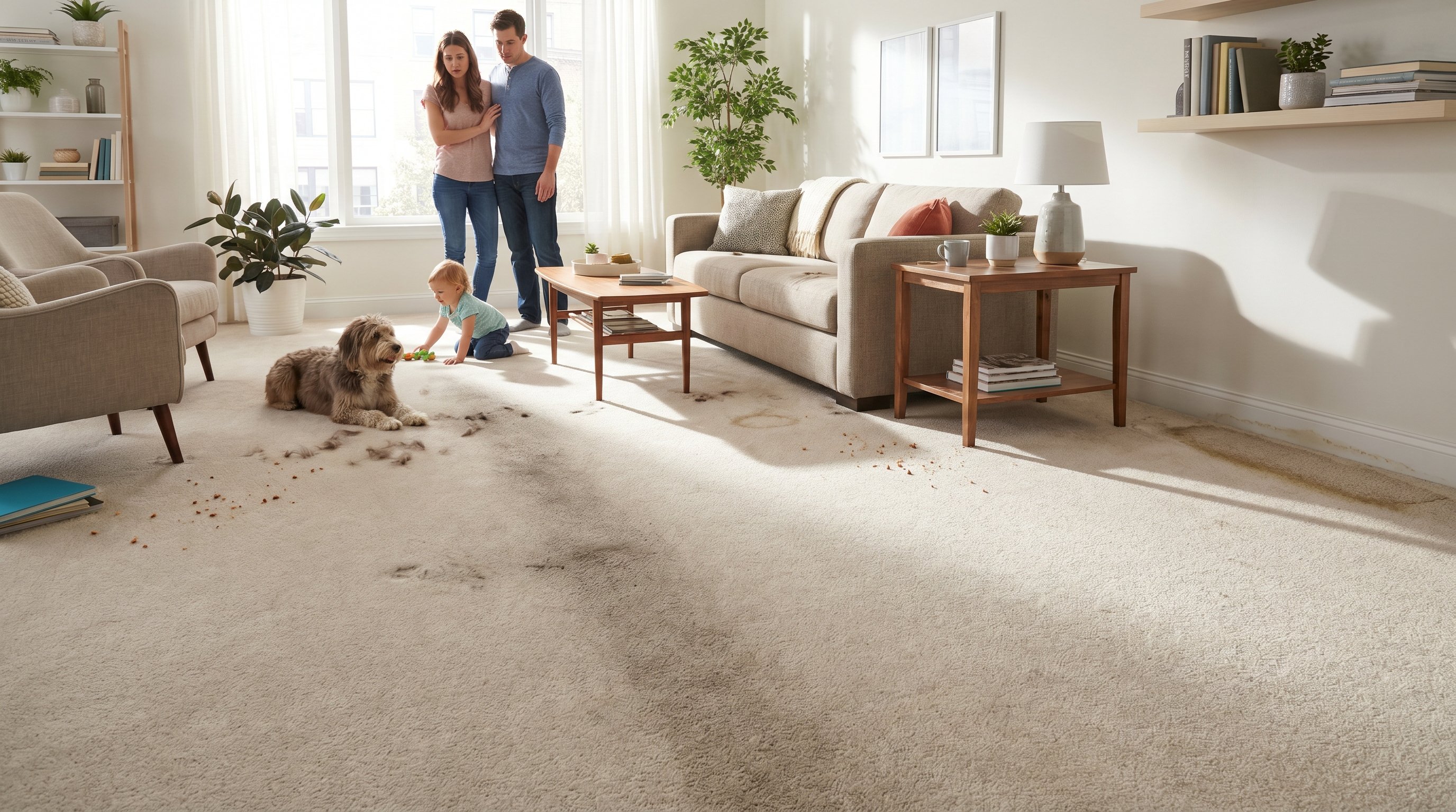 Интерьер обычной городской комнаты, разделённый на две условные зоны: ближе к окну — светлый ковролин с заметными темными дорожками в проходе, вмятинами от ножек дивана и