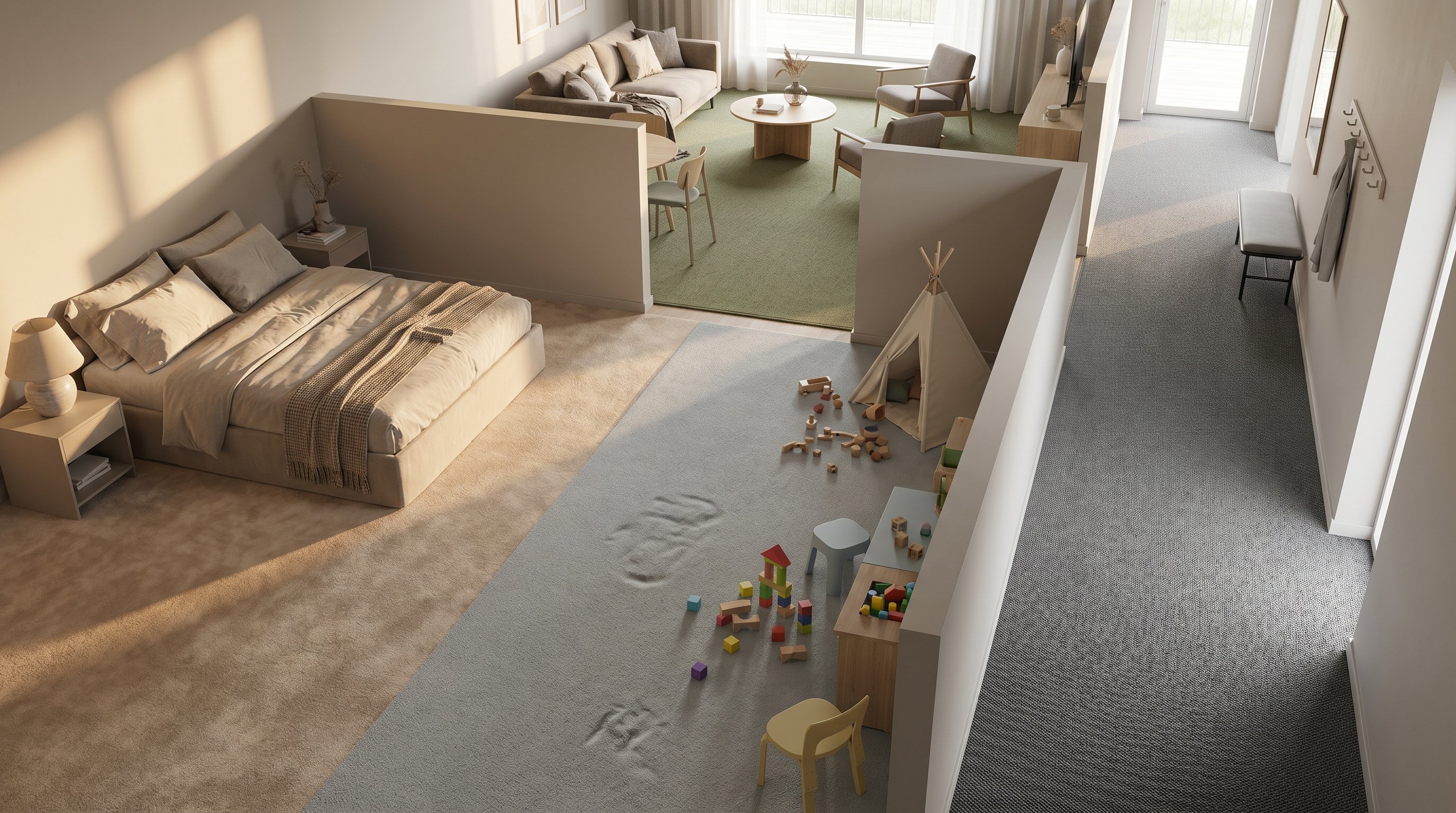 Современная квартира в легкой изометрии, разделённая на несколько комнат без стен до потолка: мягкая уютная спальня с пушистым велюровым ковролином тёплого оттенка, детская с