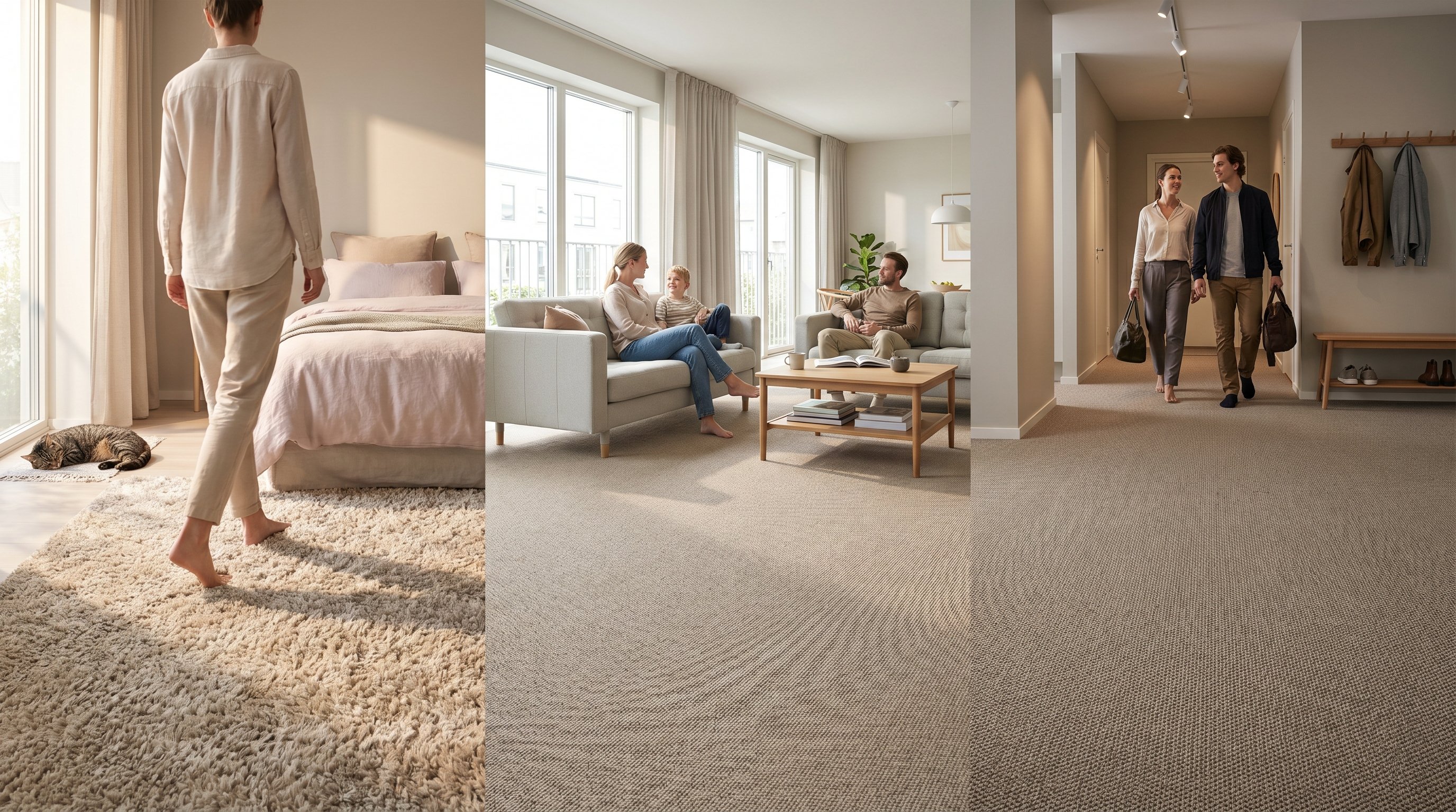 Интерьер квартиры, разделённый на три зоны одним непрерывным ковролином, который заметно меняется по характеристикам. На переднем плане уютная спальня: мягкий высокий ворс тёплого
