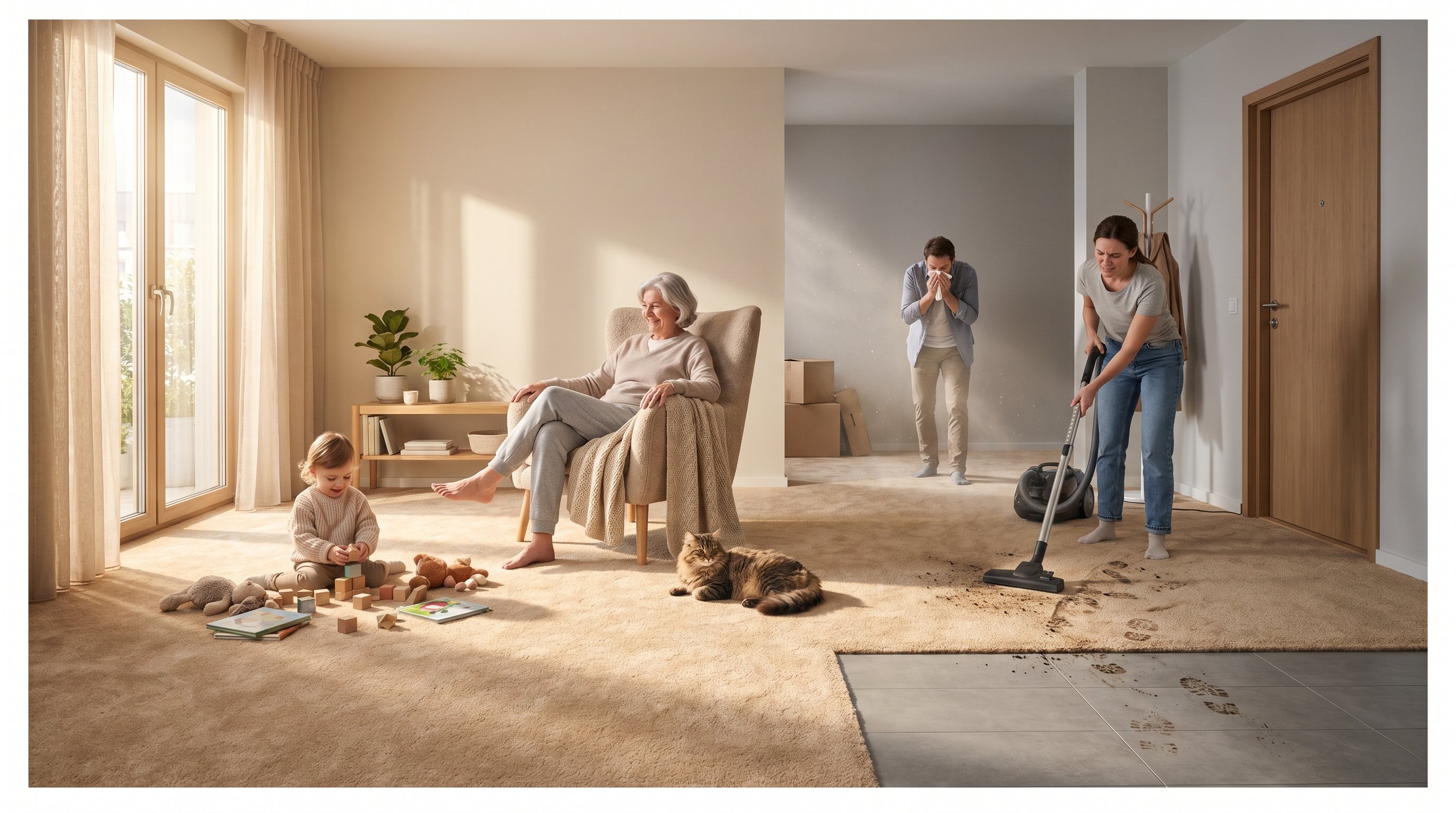 Интерьер современной квартиры, условно разделённый на две соседние комнаты, вид сверху или в лёгкой перспективе. Слева — уютная детская/гостиная с ковролином: на полу играют