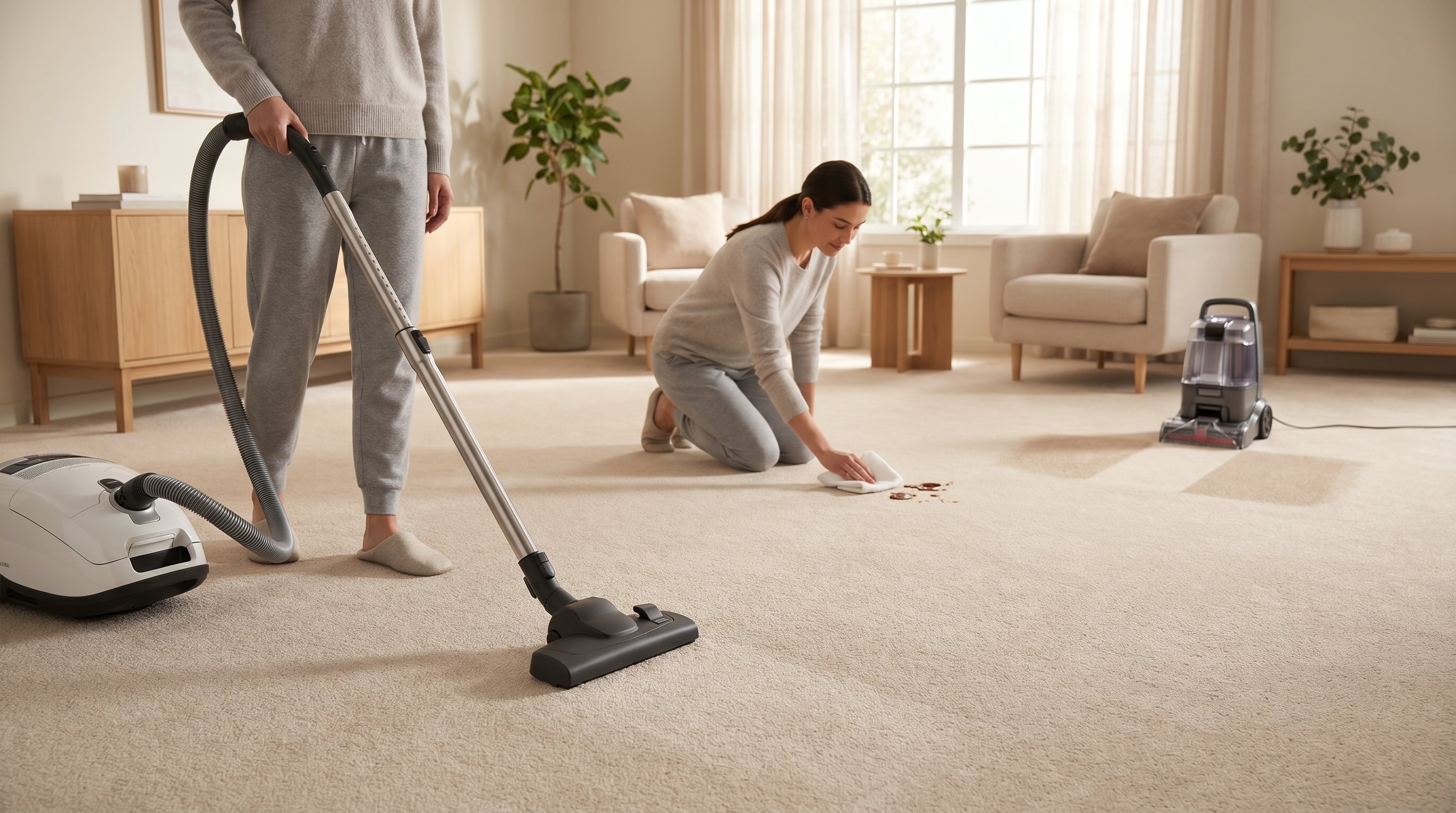 Уютная современная гостиная с светлым ковролином: на полу видны три четких небольших участка, где человек в домашней одежде в разное время делает простой уход. В одной зоне