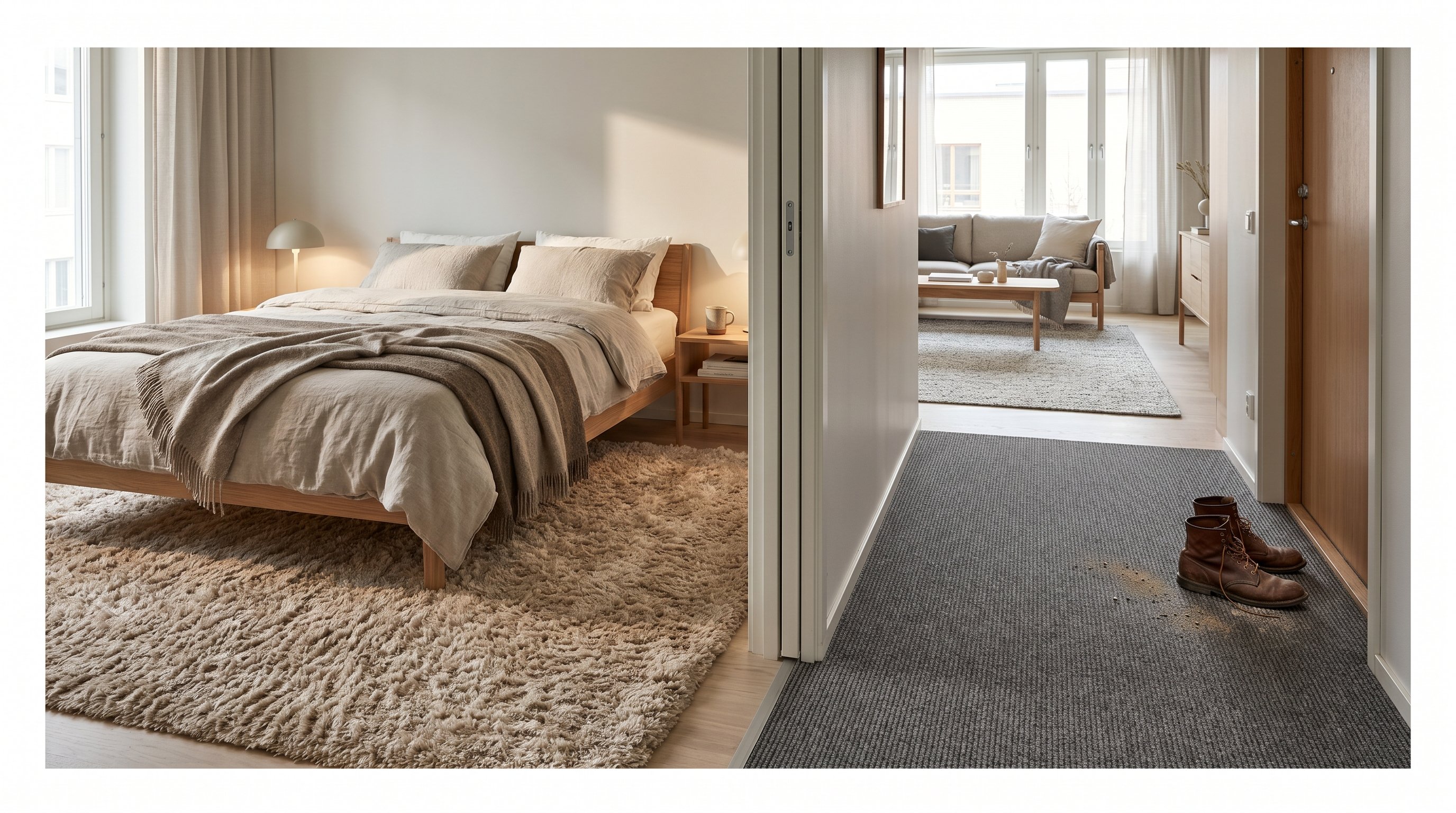 Интерьер современной квартиры в легкой перспективе: слева показана уютная спальня с мягким ковролином с более высоким ворсом у кровати, справа через широкий проем видна прихожая с