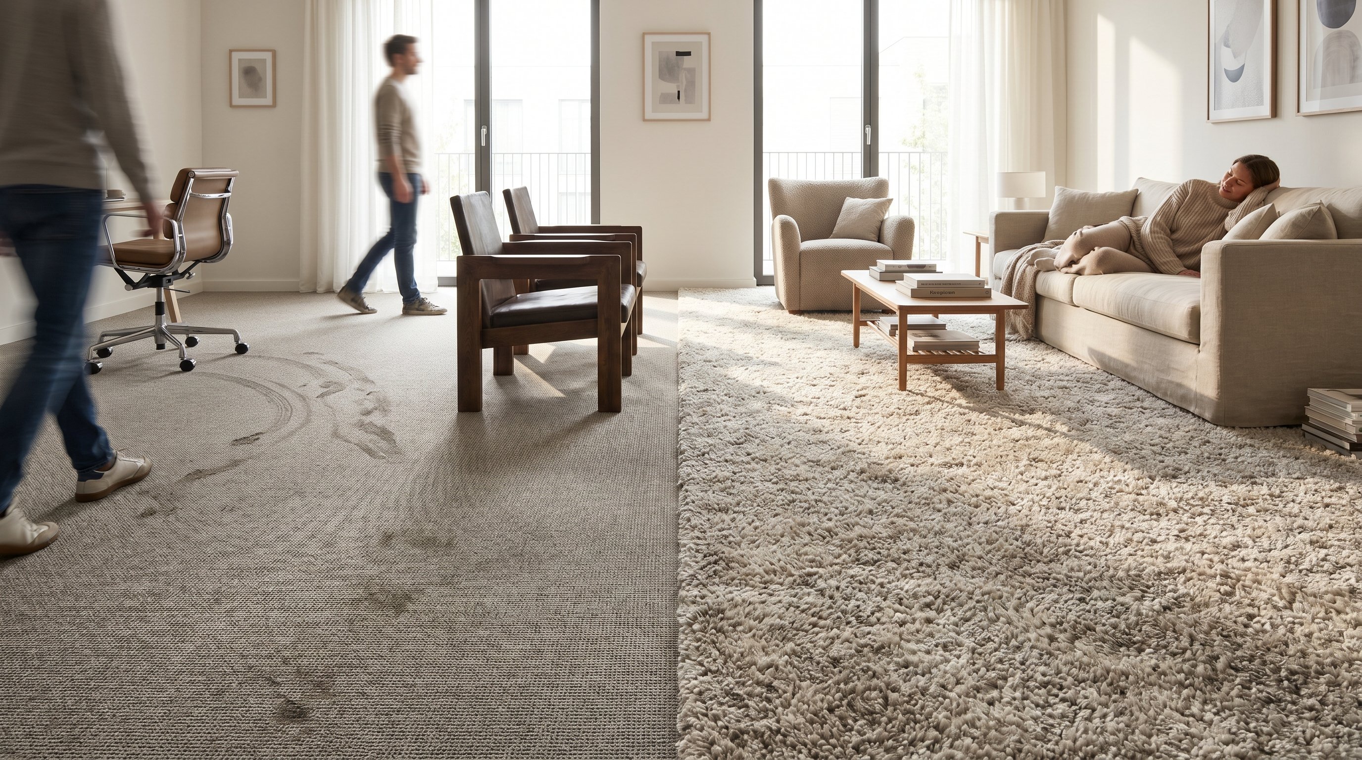 Вертикальная наглядная памятка в виде списка комнат квартиры с иконками помещений и стилизированными фрагментами ковролина разной фактуры напротив каждой строки