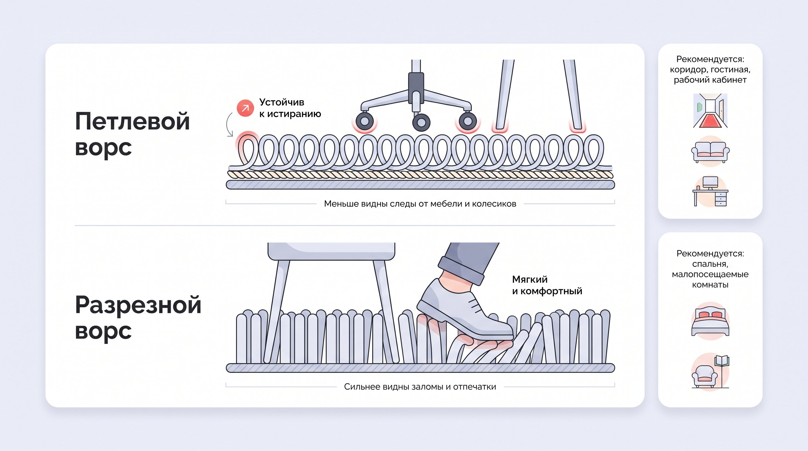 Горизонтально разделенная пополам иллюстрация-сравнение двух типов ковролина: верхняя половина — петлевой ворс с колесиками офисного кресла и ножками мебели, структура ворса